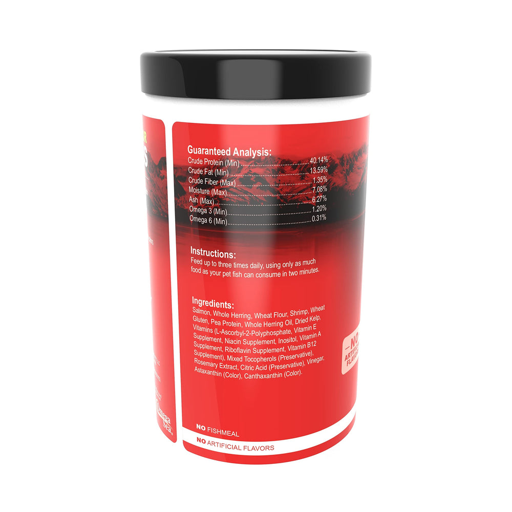Omega One Super Color Flakes in tank setup showing cleaner water and reduced waste