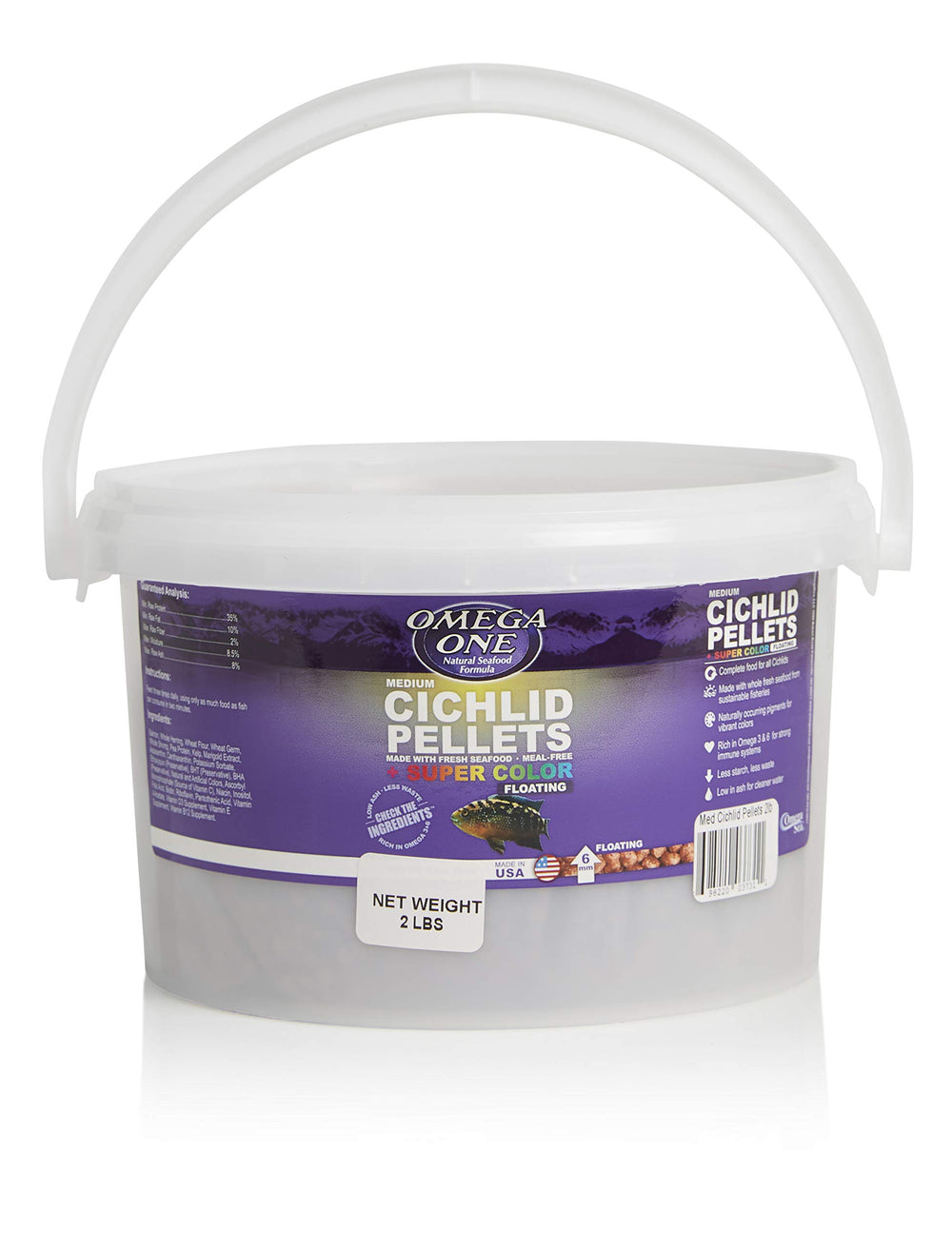 Omega One Super Color Floating Cichlid Pellets bottle close-up; easy feeding and color boost.