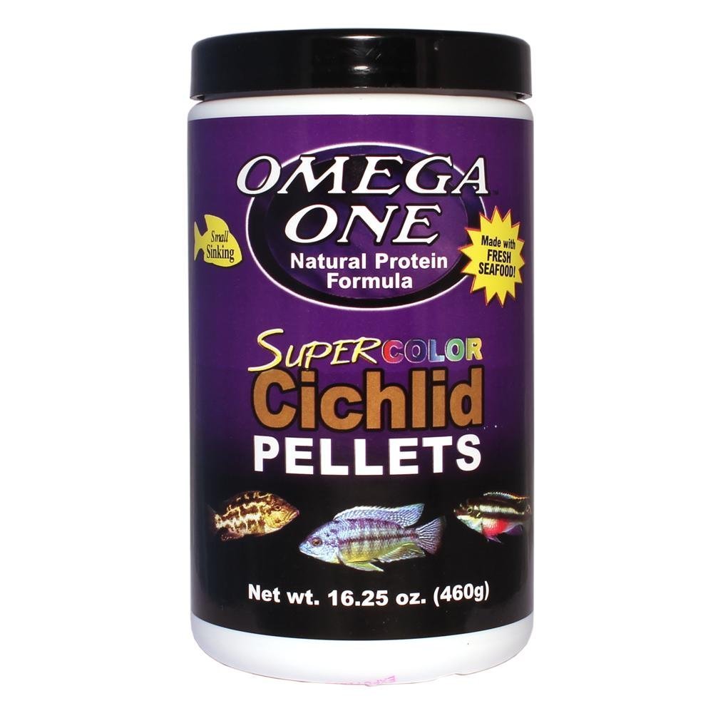 Omega One Super Color sinking cichlid pellets in bottle, supports water quality and vibrant color.