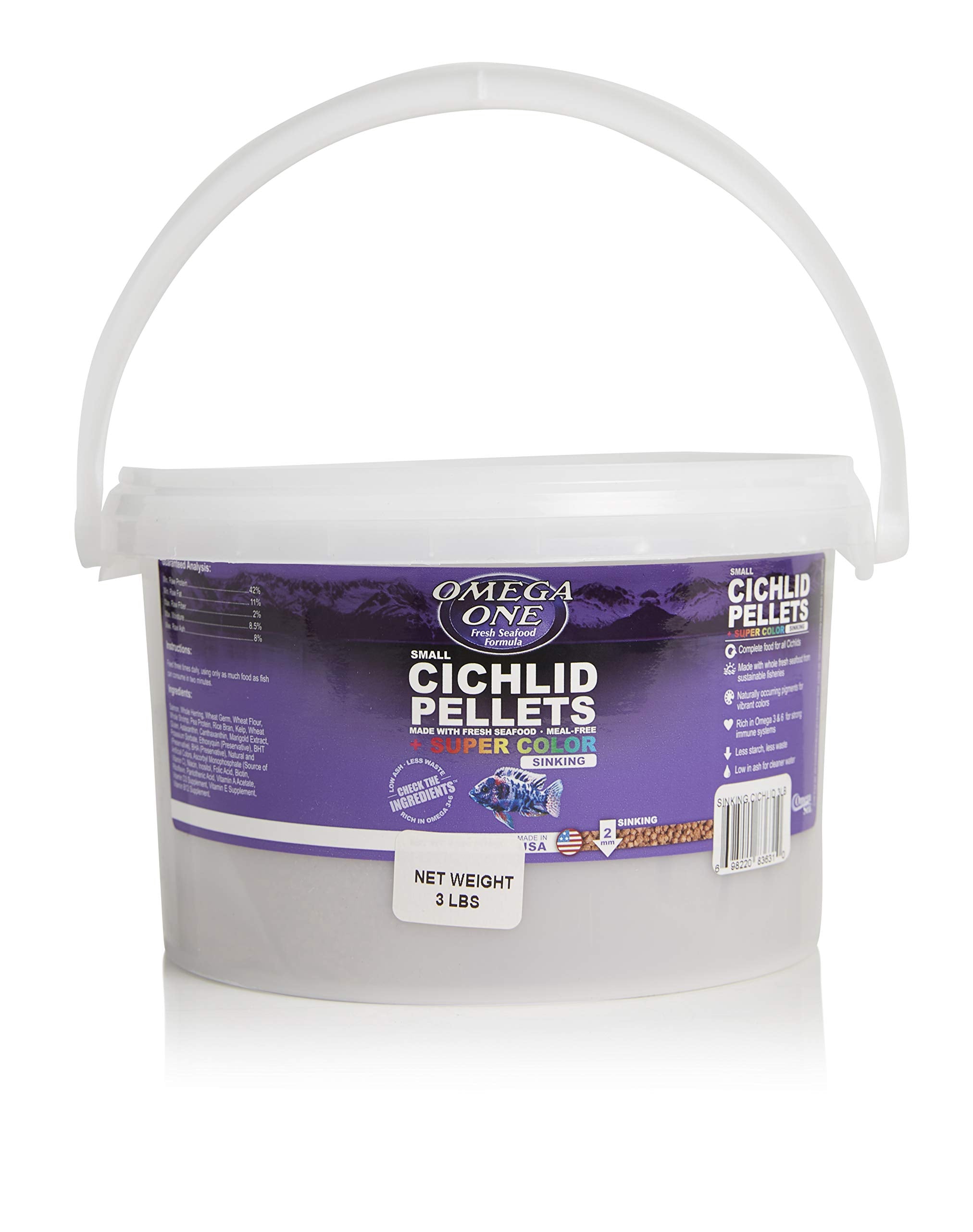 Omega One packaging for easy storage of Super Color sinking cichlid pellets