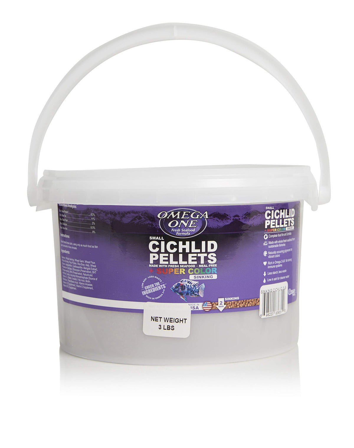 Omega One packaging for easy storage of Super Color sinking cichlid pellets