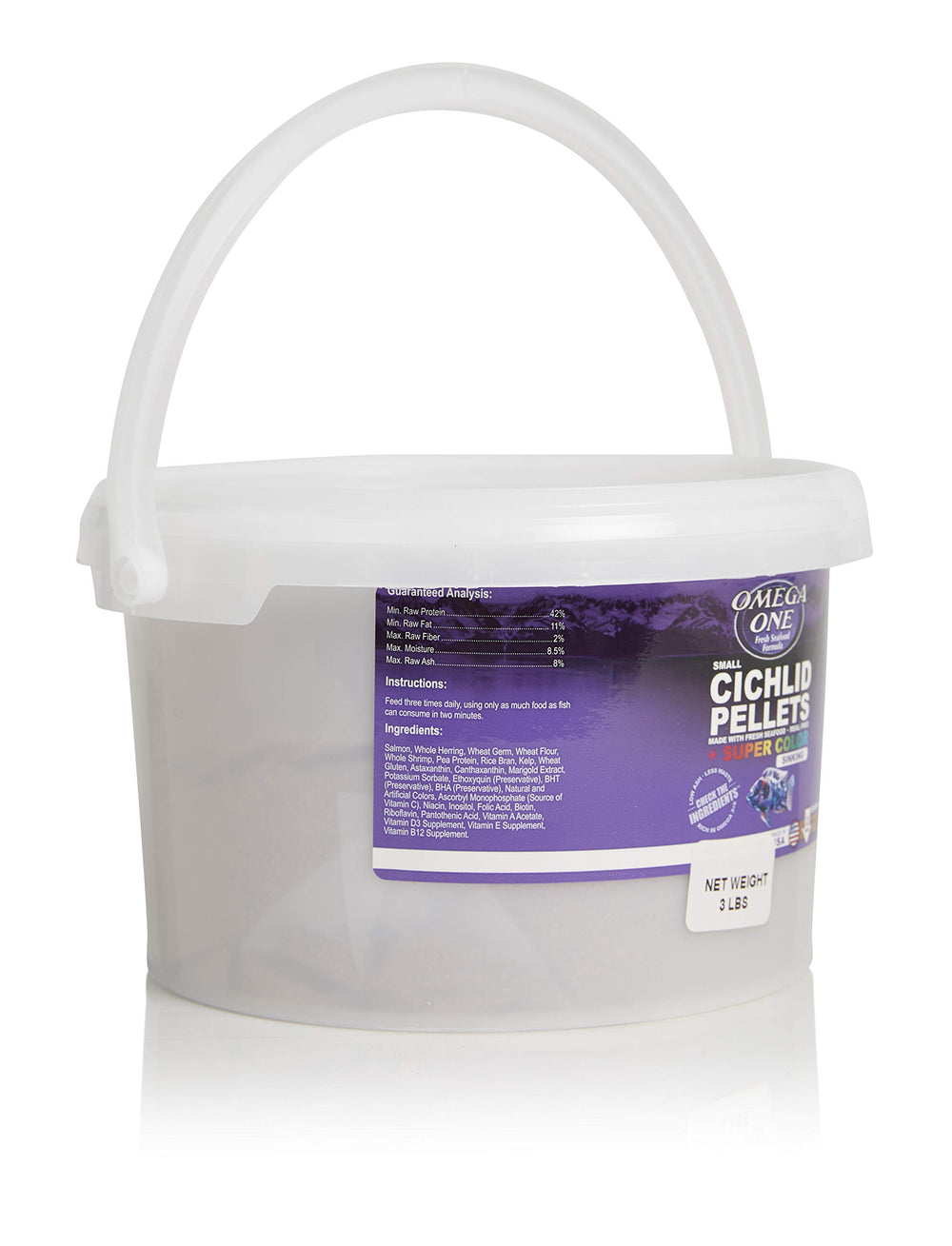 Omega One pellets close-up showing color-enhancing formula for vibrant fish