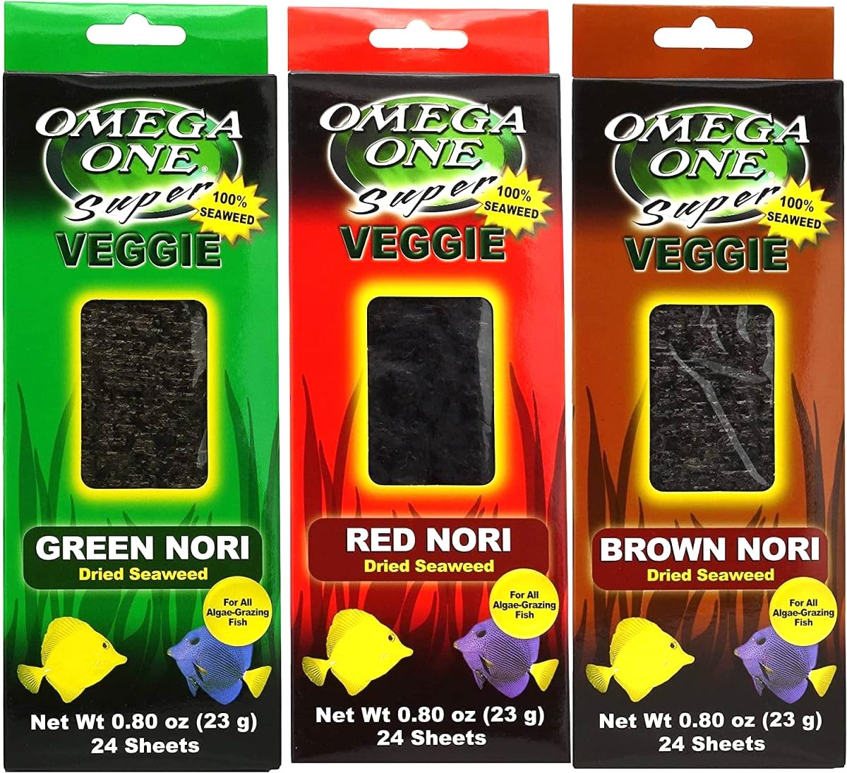 Omega One Super Veggie Seaweed variety-pack sheets offer color variety and convenience for feeding routines.