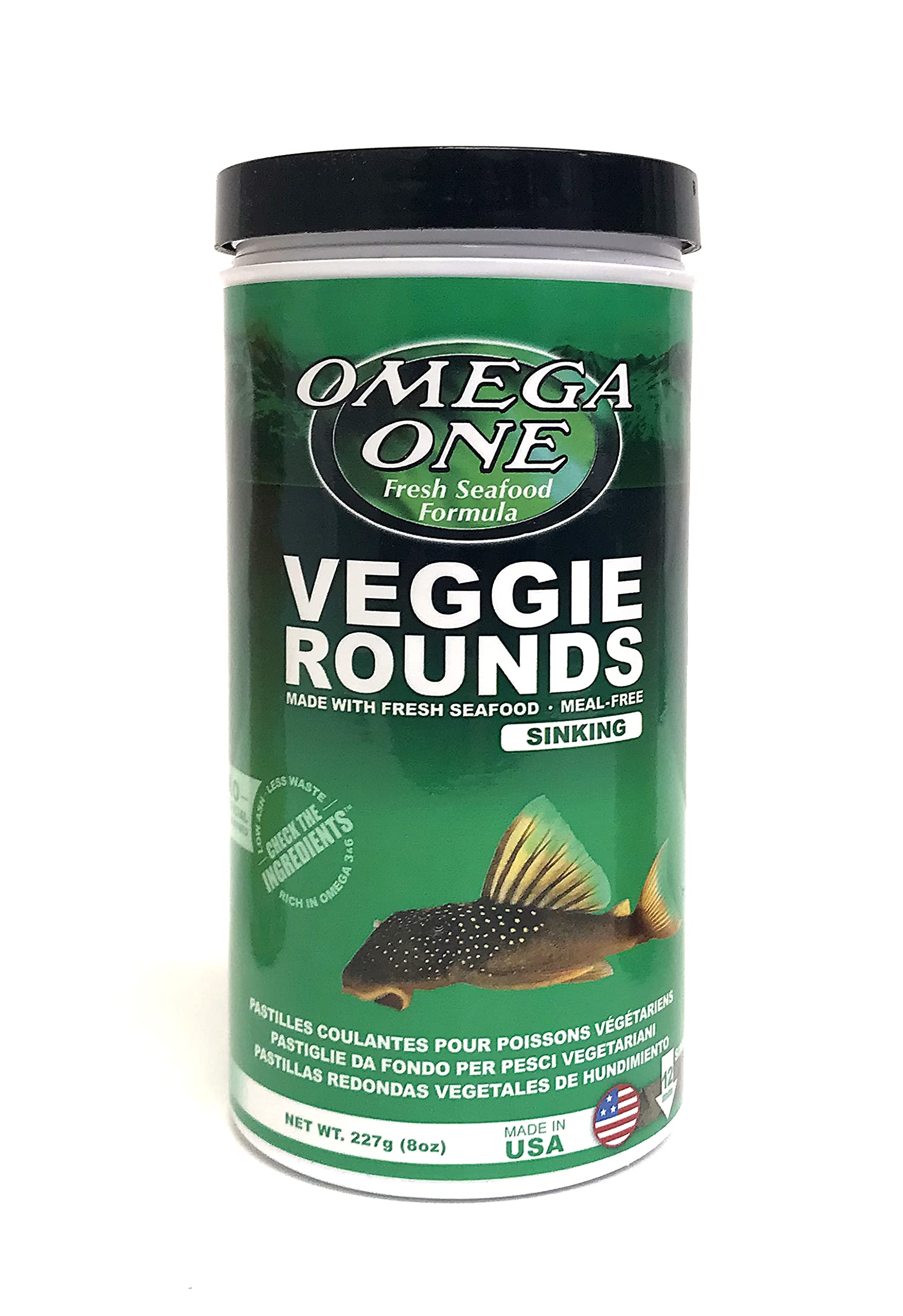 Omega One Veggie Rounds 14mm sinking container supports steady feeding and cleaner tanks.