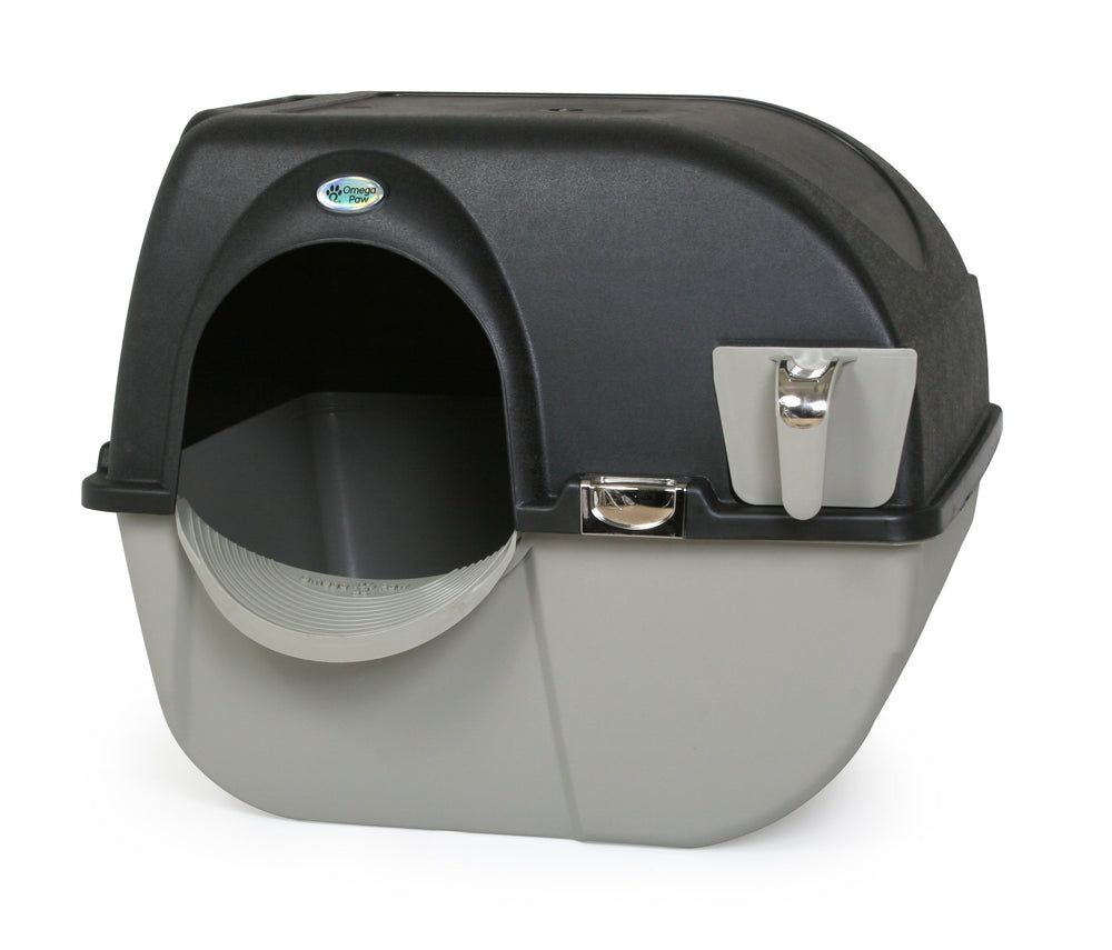 Omega Paw Elite self-cleaning litter box with chrome accents for easy maintenance.