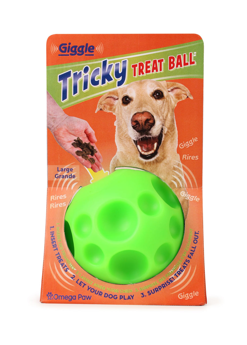 Omega Paw Giggle Tricky Treat Ball side view, treats dispensing as dog rolls.