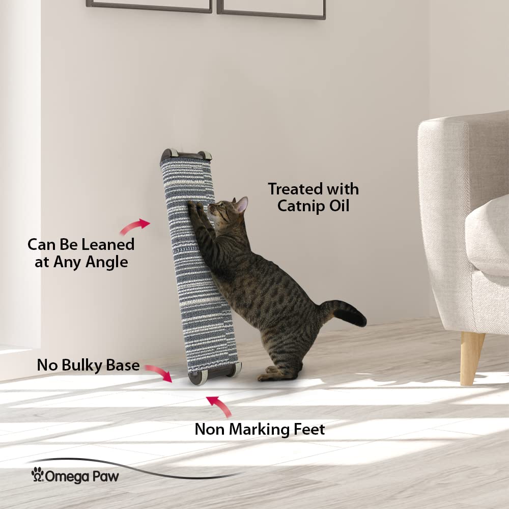Omega Paw Lean-it Scratching Post with rubber feet prevents slipping on floors.