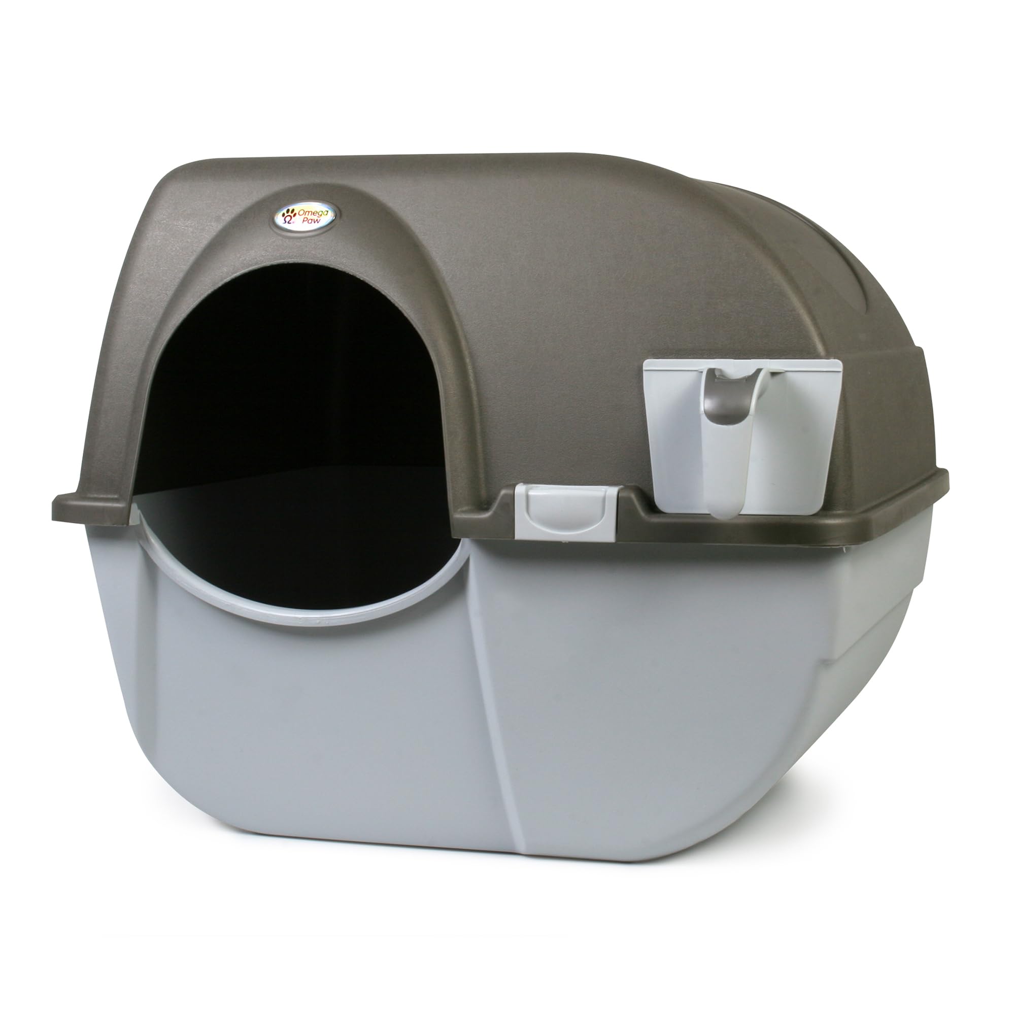Omega Paw NRA15 grey self-cleaning litter box, top view, easy roll-to-clean.