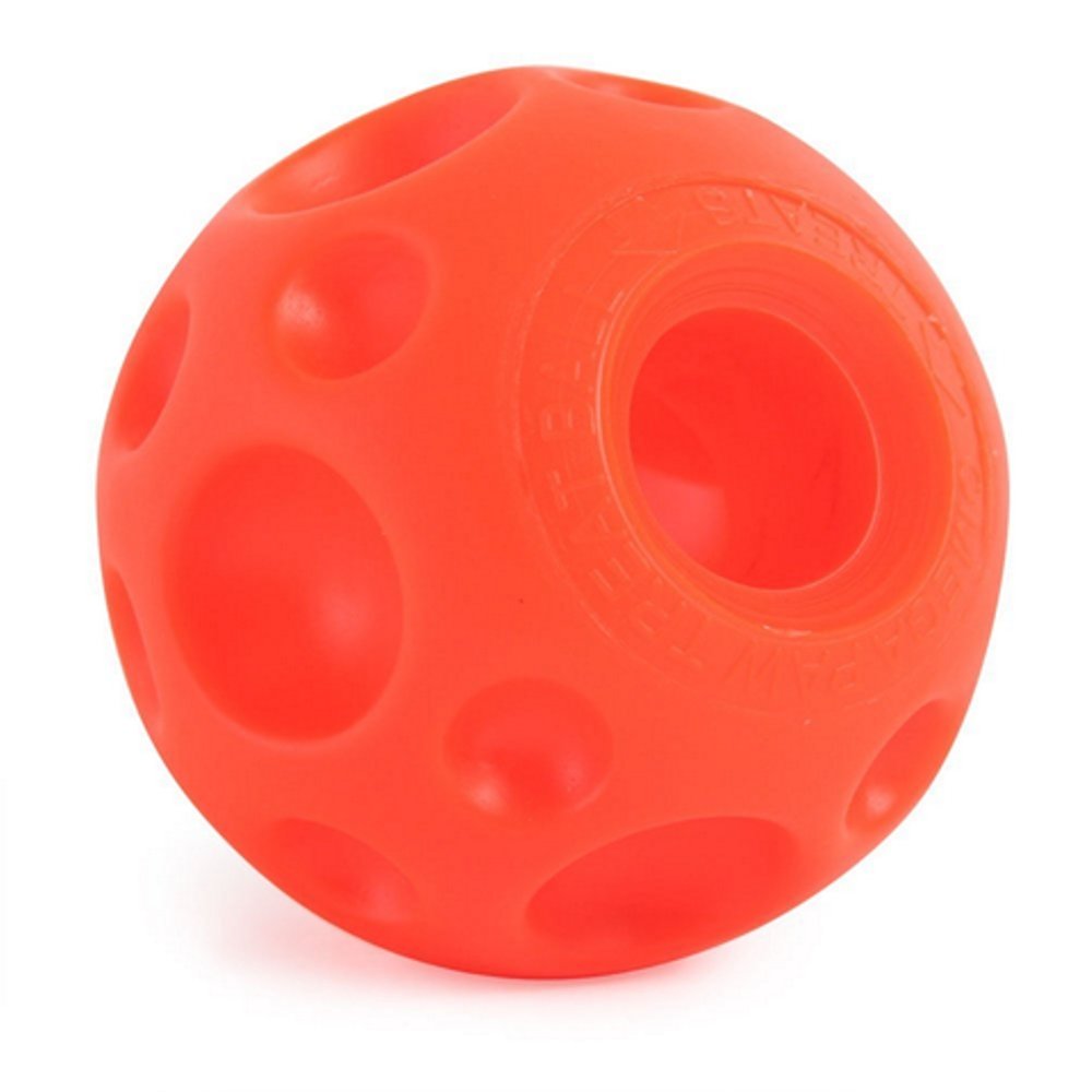 PAW PRINT Omega Paw Tricky Treat Ball Large dispenses treats as dogs roll.