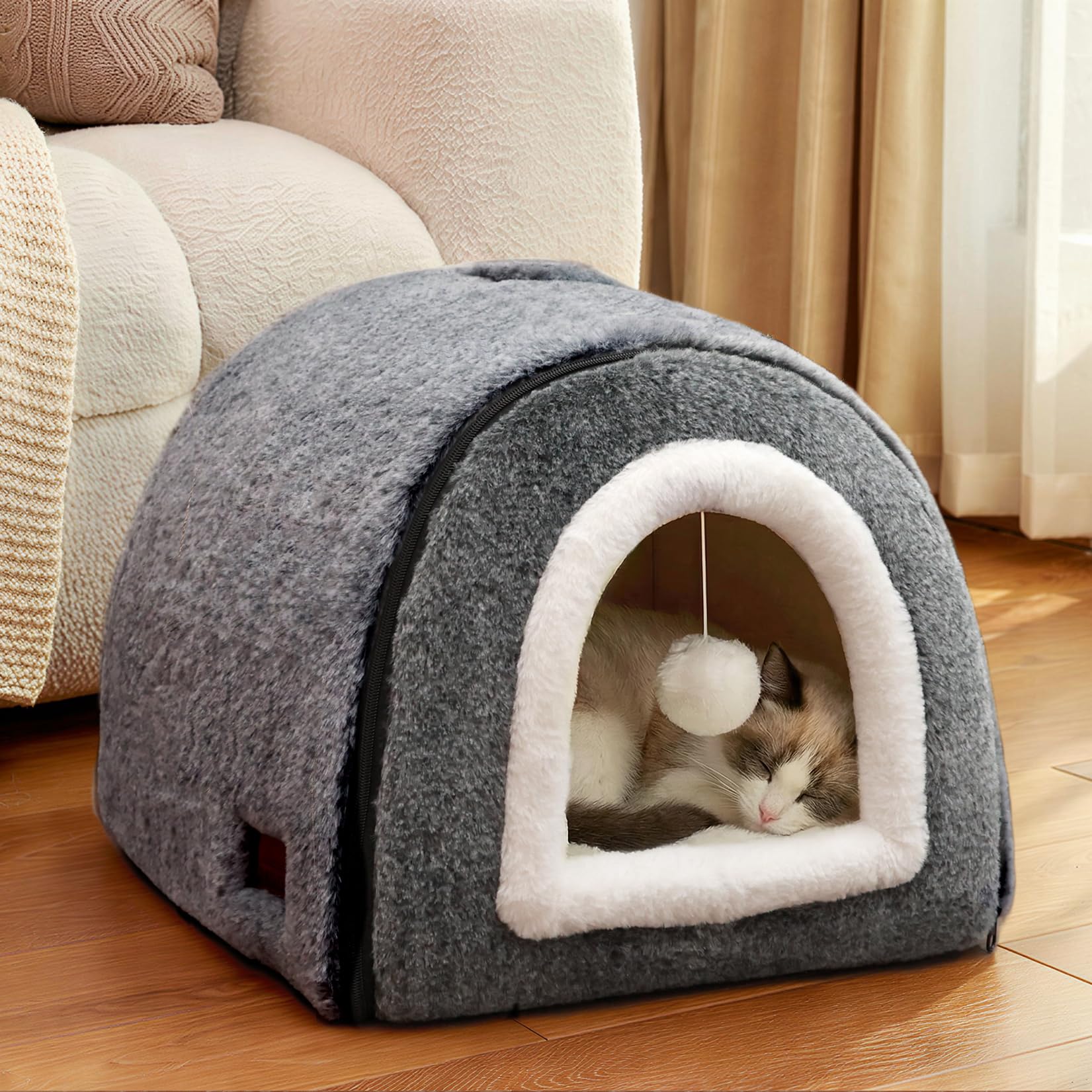 OMIVIER cat bed cave entrance side, highlighting secure hideaway for naps