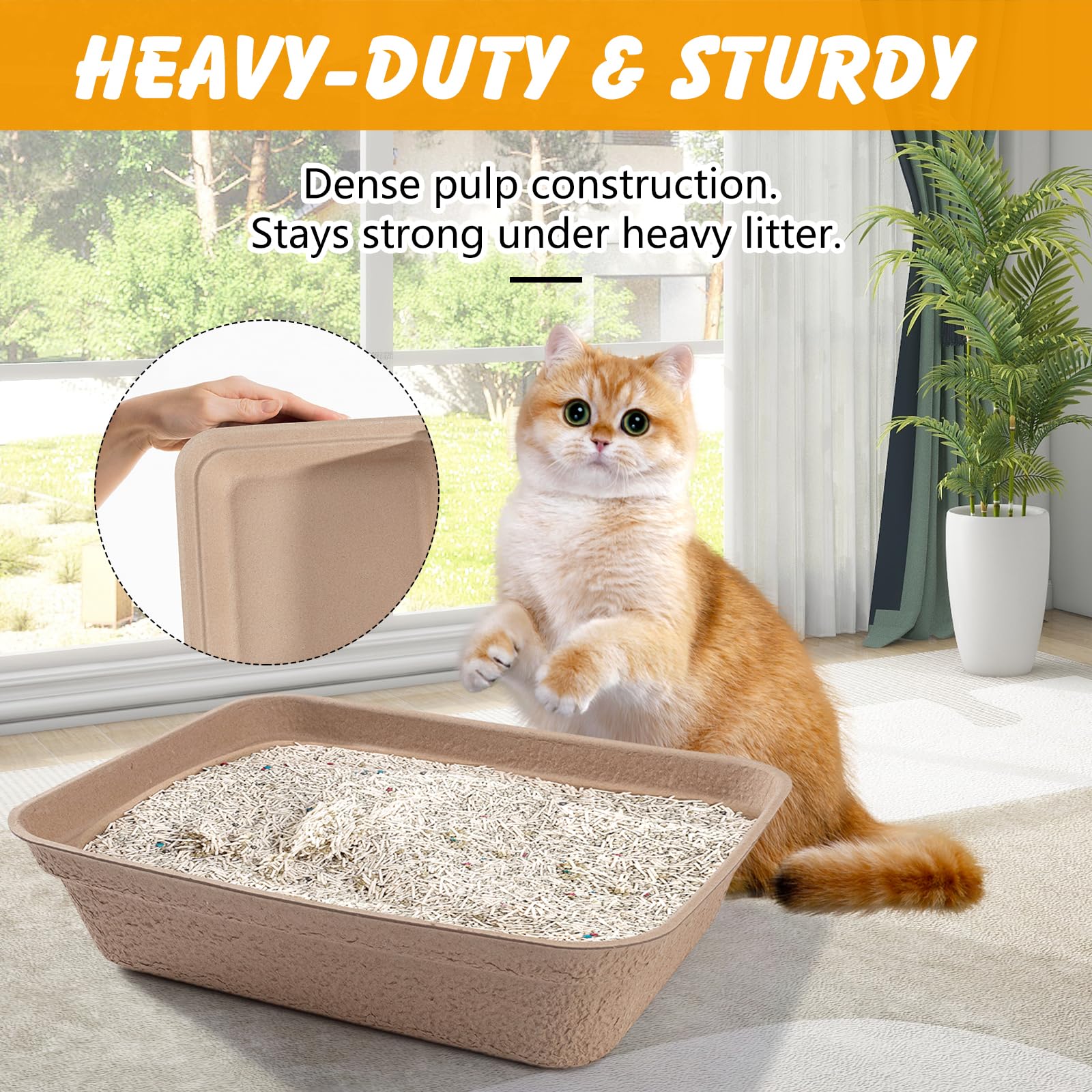 Ondware large litter box with sturdy high walls containing litter and spills.