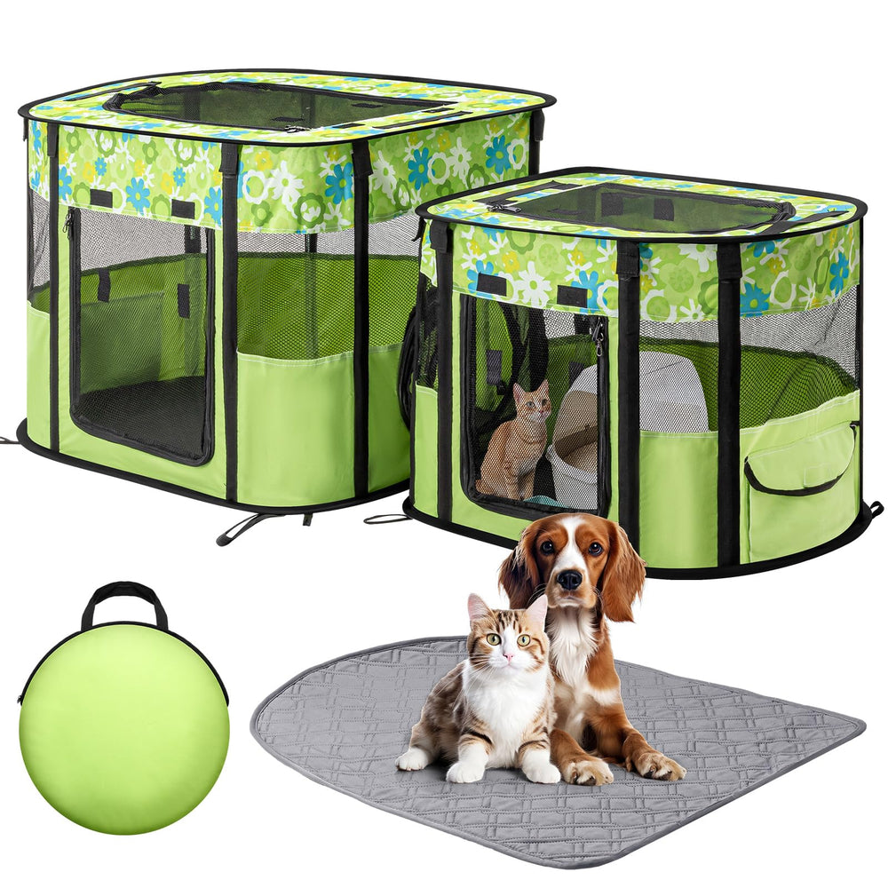 Ondware portable cat playpen with dual compartments for separate living and litter areas.