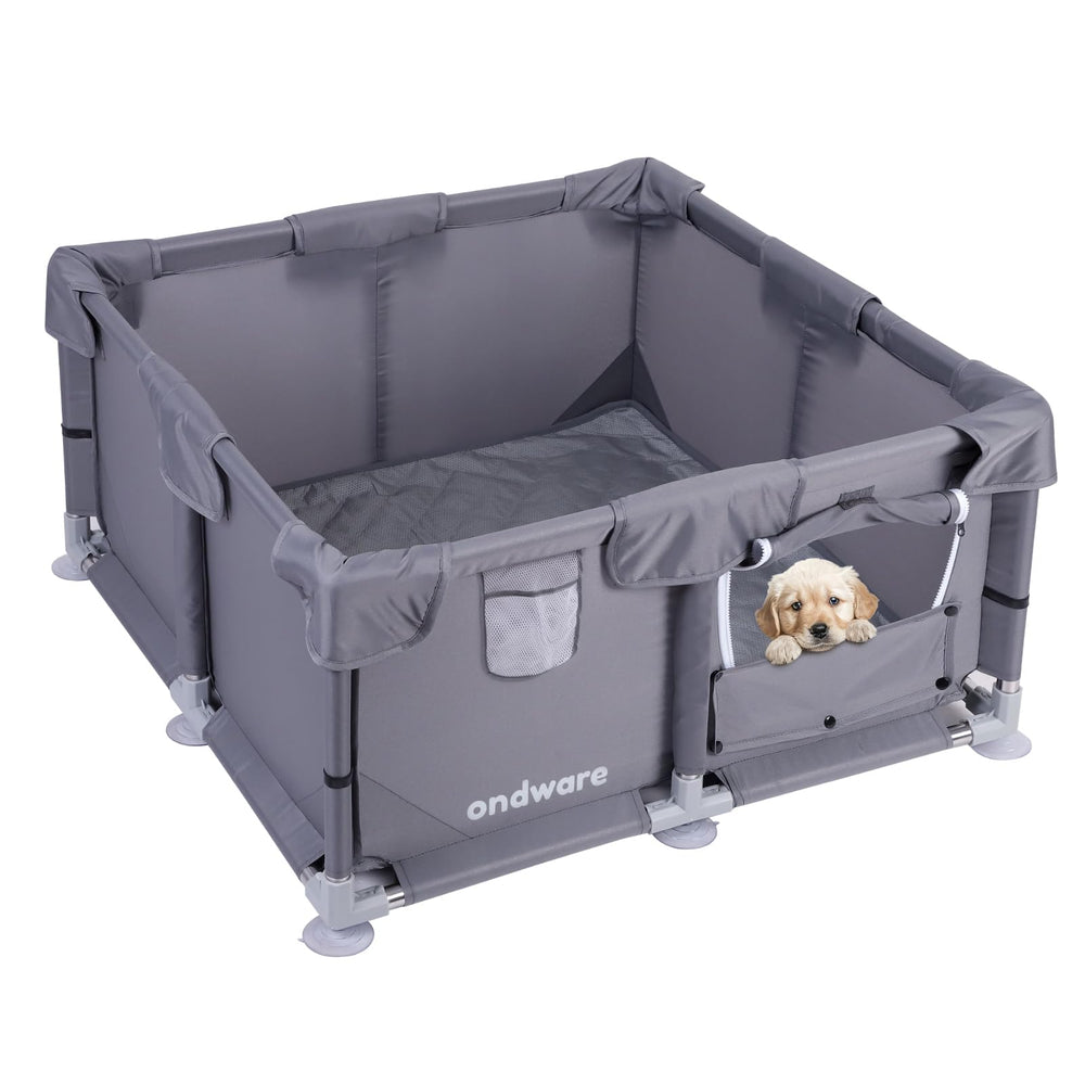 Ondware puppy playpen indoors showing a spacious 28x28x15 in setup for puppies