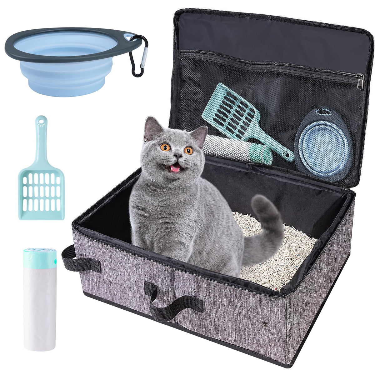 Ondware travel litter box with car lid and scoop for mess-free car trips.