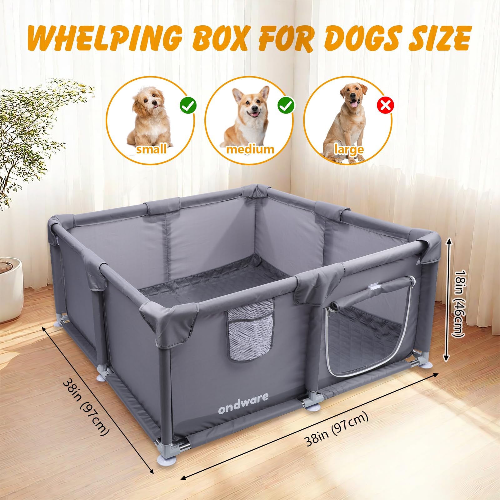 Ondware whelping box interior with newborn puppies resting.