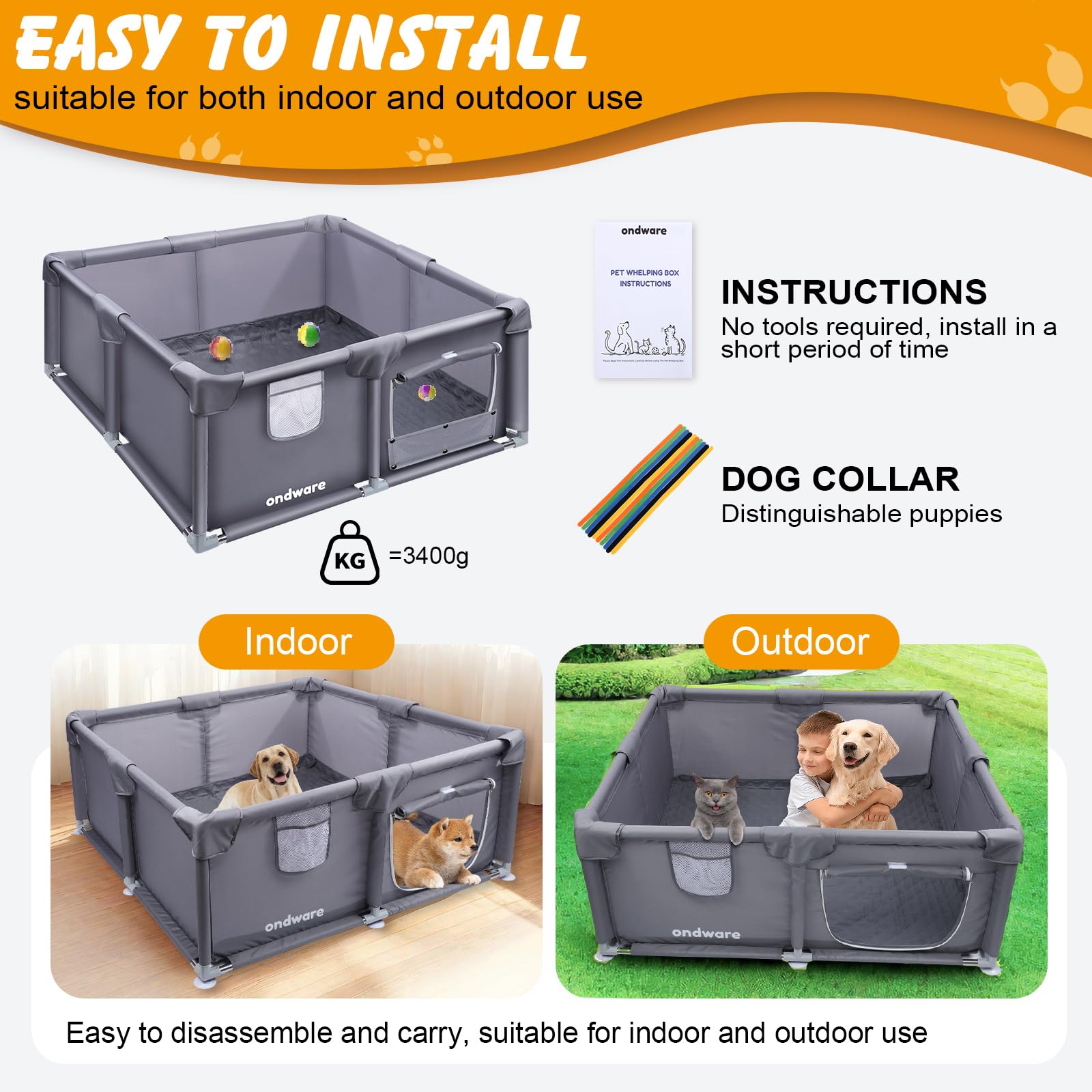 ondware whelping box features puppy collar and zipper door for easy puppy management.
