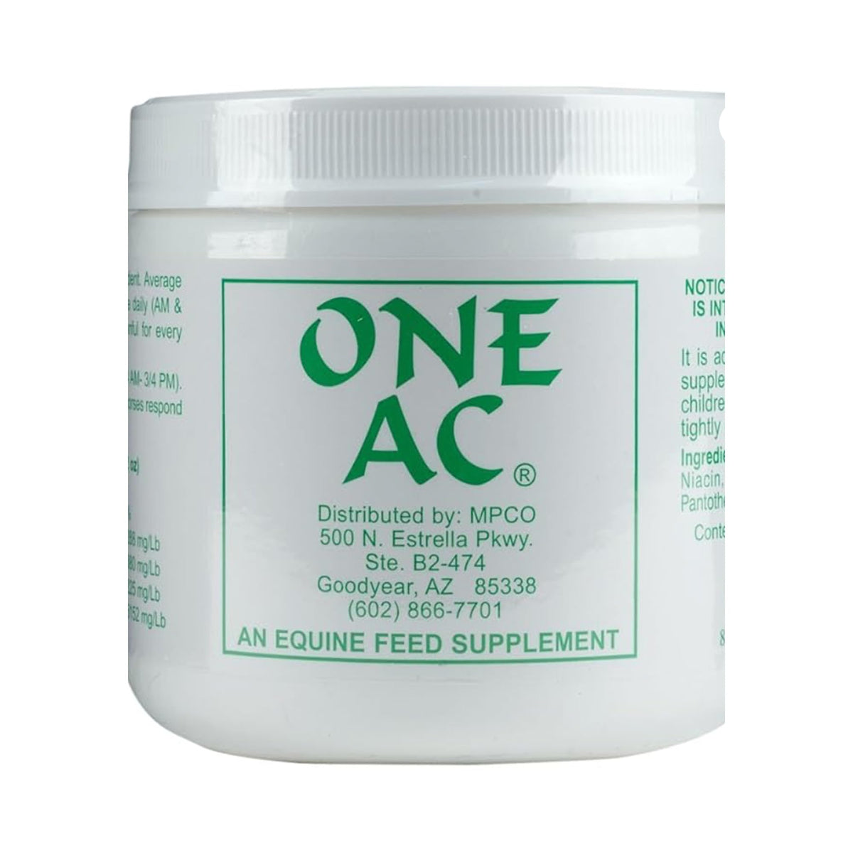 ONE AC supplement powder in a jar supports a horse's sweating balance and performance.