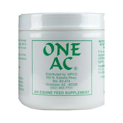 ONE AC supplement powder in a jar supports a horse's sweating balance and performance.