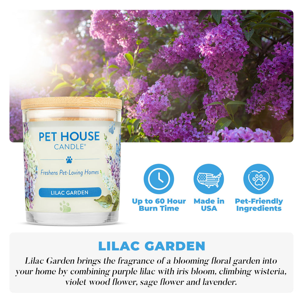 One Fur All Lilac Garden candle lit to elevate living room ambiance