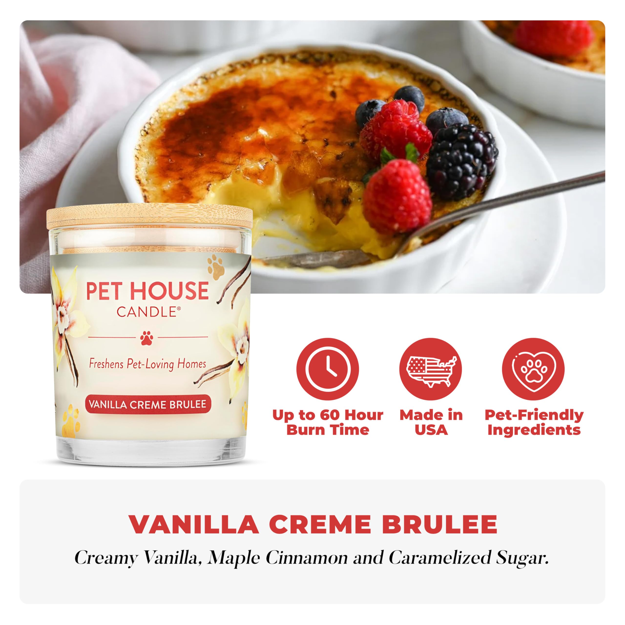 One Fur All Vanilla Crème Brûlée jar close-up highlights the cotton wick for clean burn.