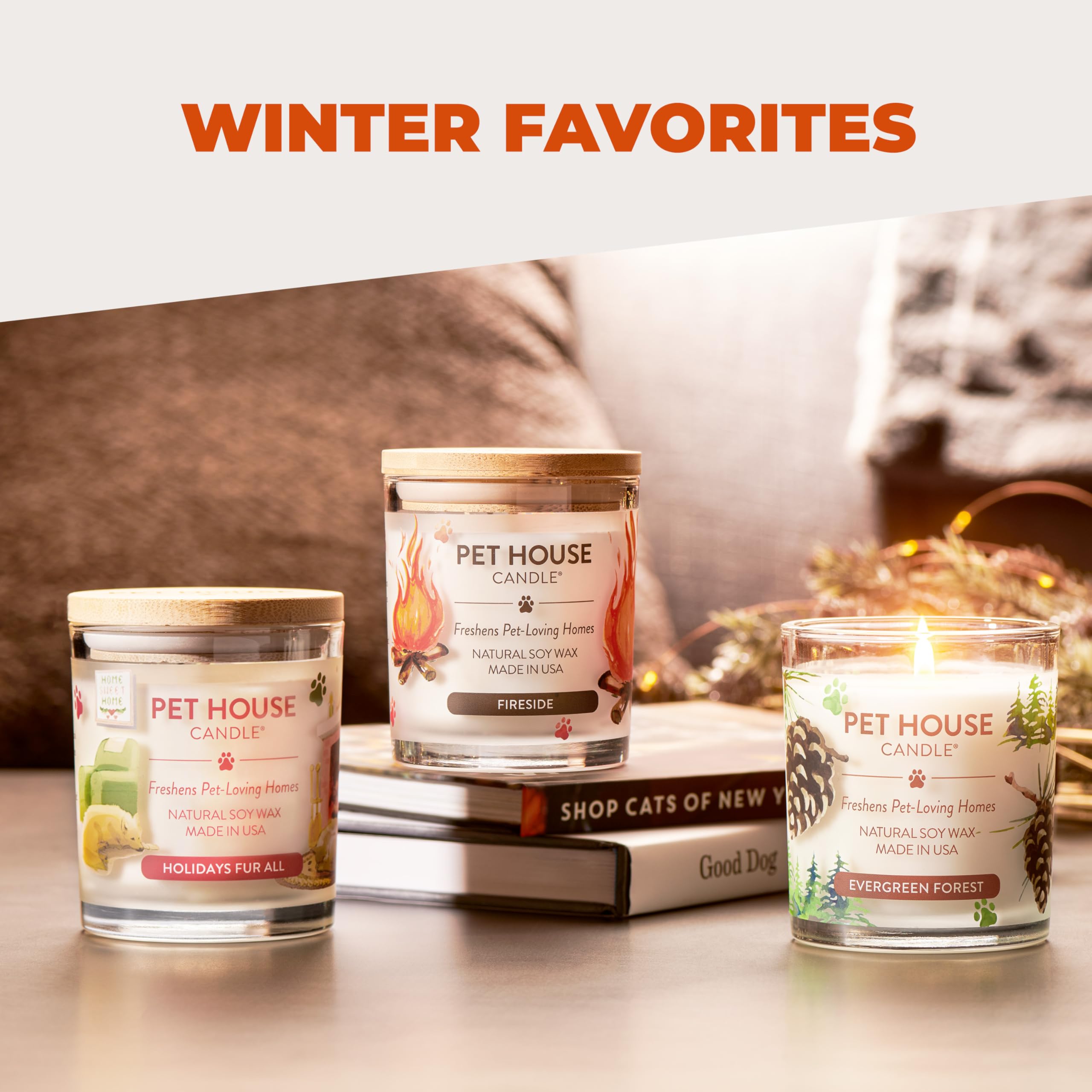 One Fur All pet odor candle helps maintain a fresh space after litter boxes.