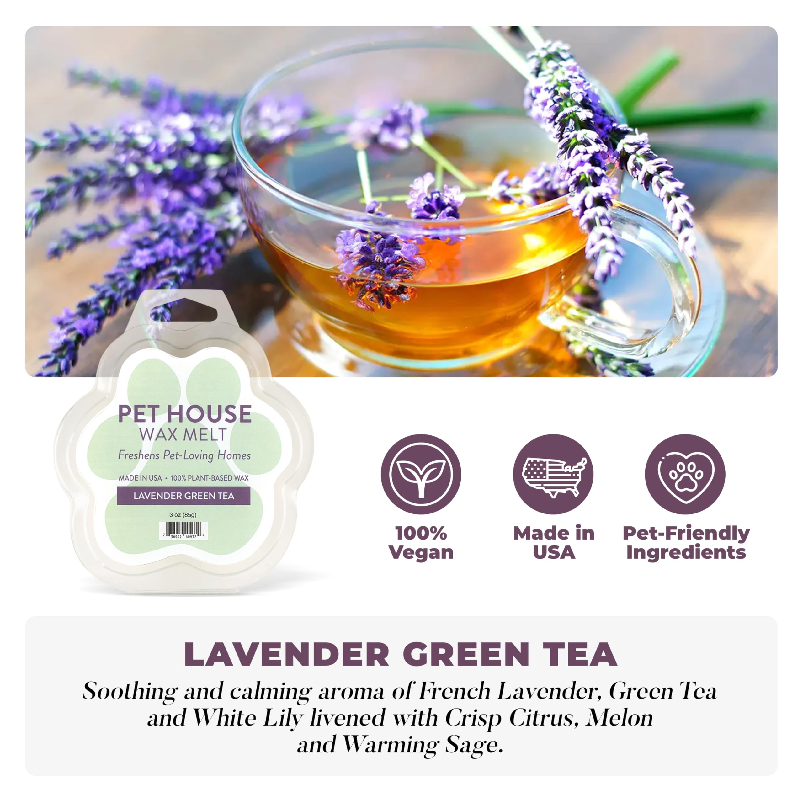 One Fur All lavender-green-tea wax melt close-up highlighting plant-based formula and clean ingredients.