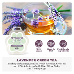 One Fur All lavender-green-tea wax melt close-up highlighting plant-based formula and clean ingredients.