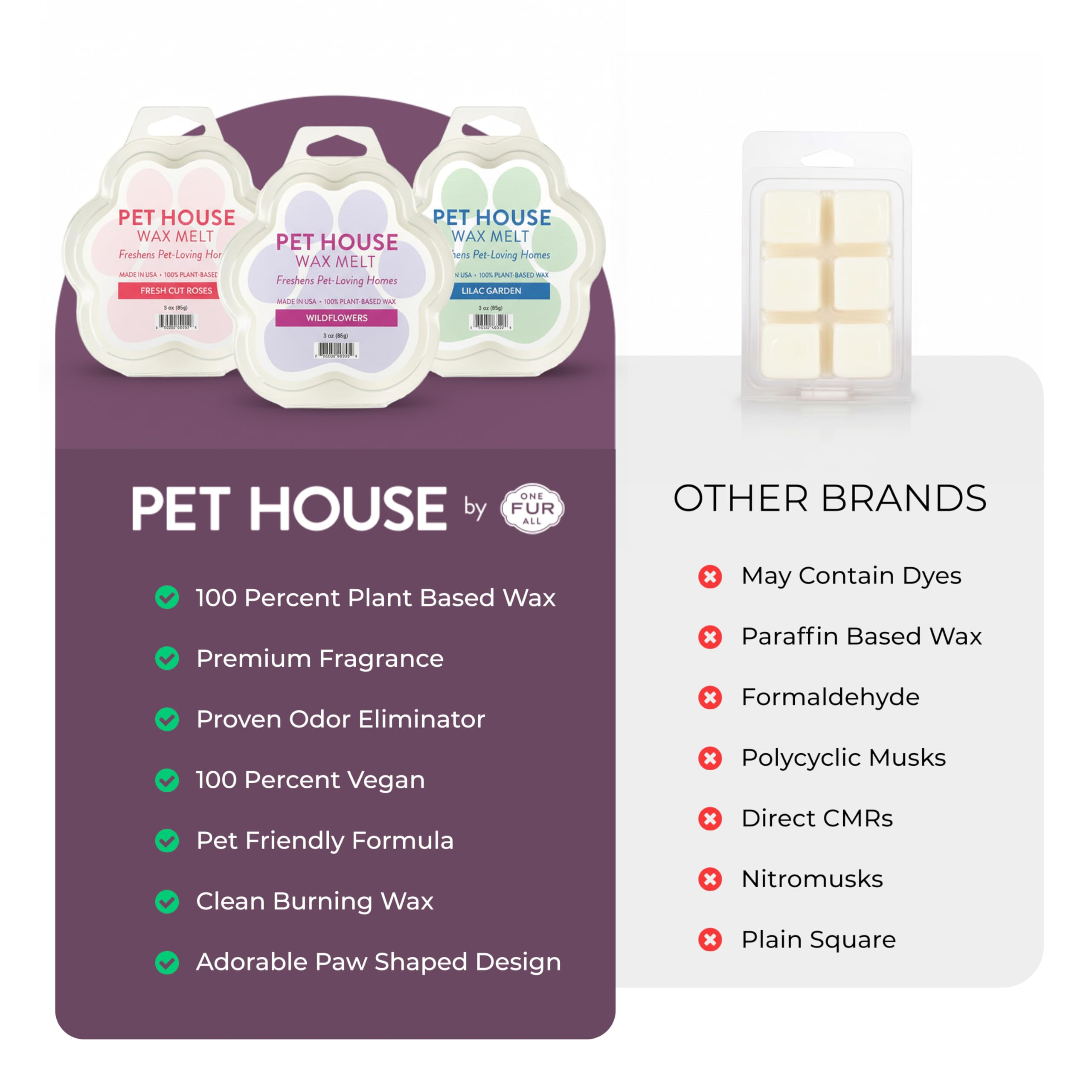 One Fur All paw-shaped wax tart in warmer demonstrates pet-friendly ambiance.