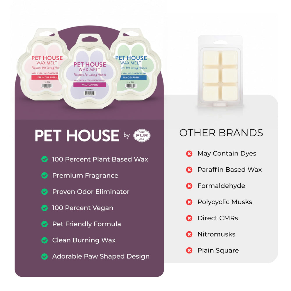 One Fur All paw-shaped wax tart in warmer demonstrates pet-friendly ambiance.