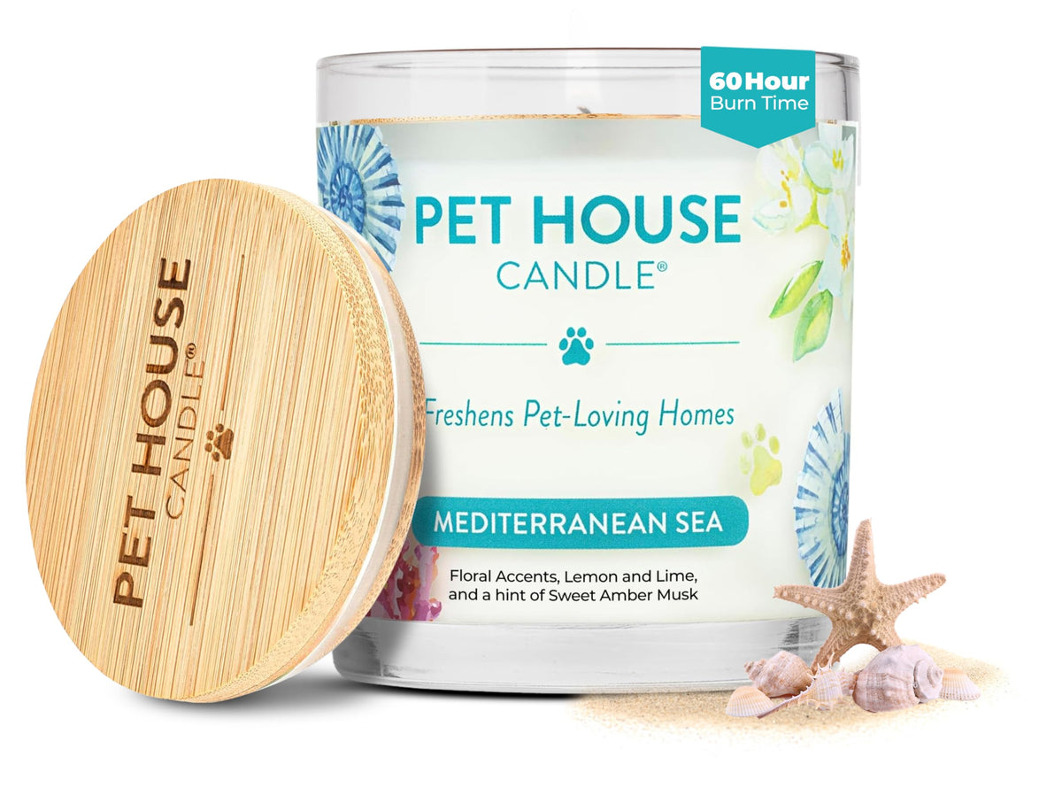 One Fur All Mediterranean Sea candle label, product branding and scent focus for pet homes