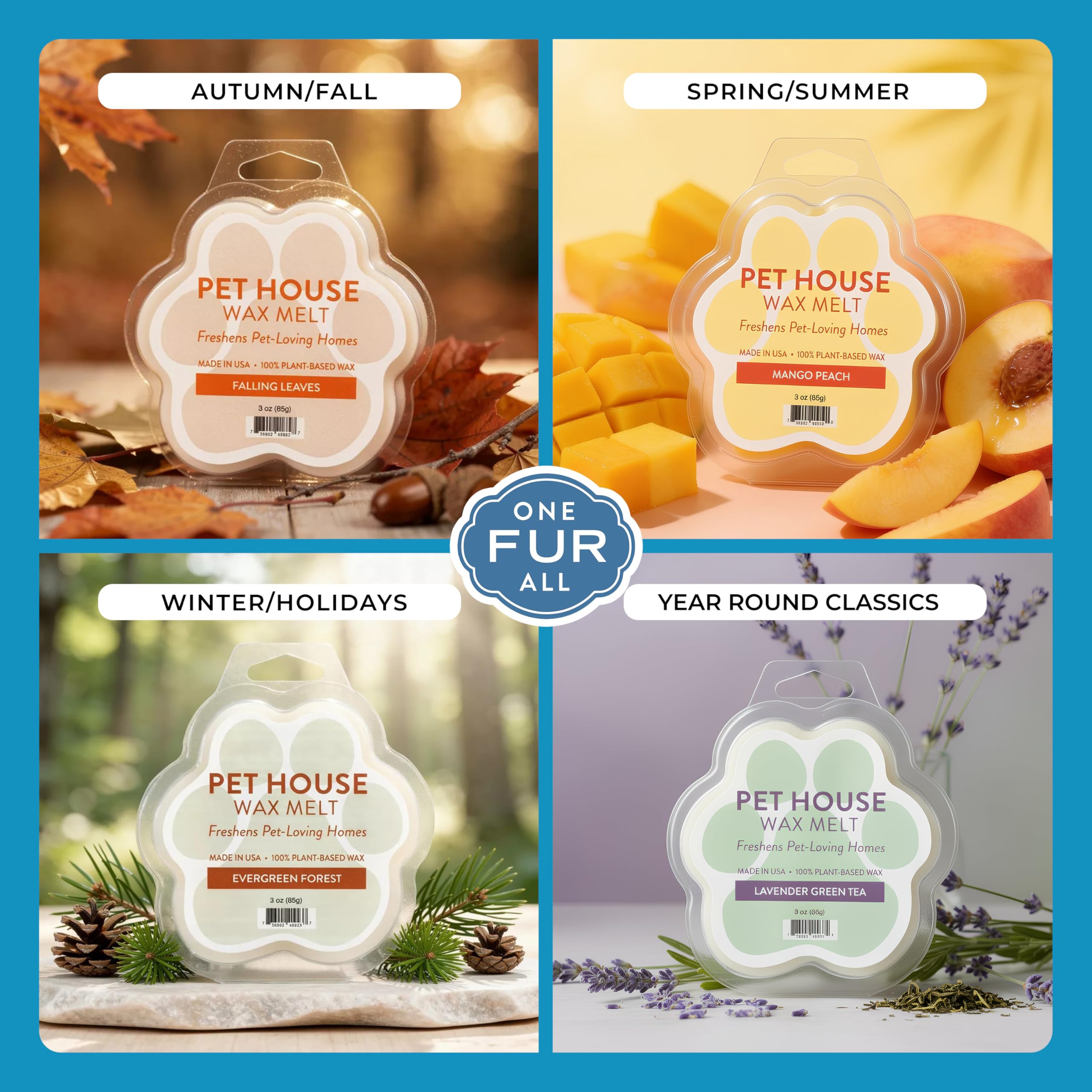 One Fur All USA-made label on Pet House Sunwashed Cotton wax melts