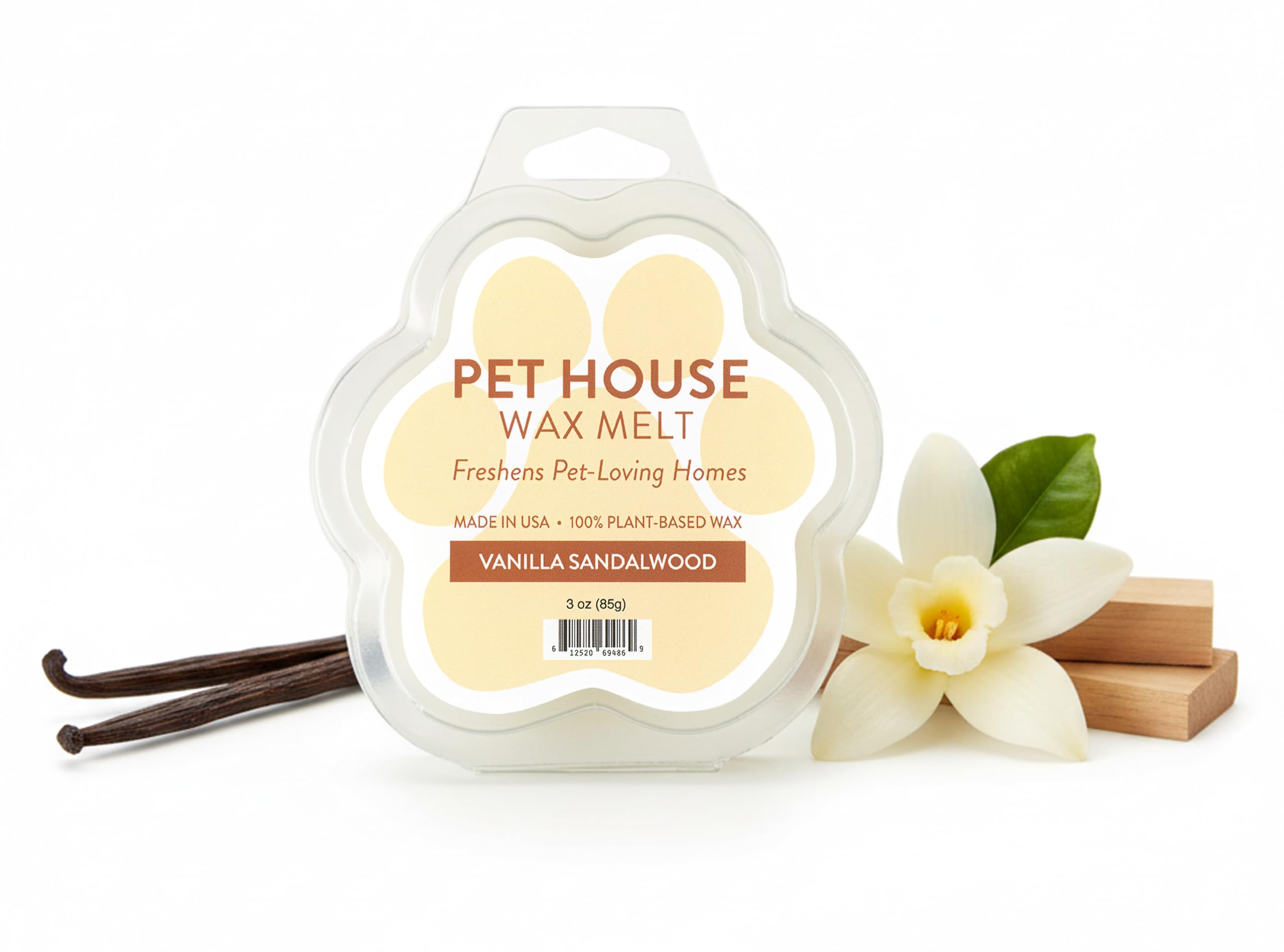 One Fur All Pet House wax melt vanilla sandalwood aroma melting in a living room