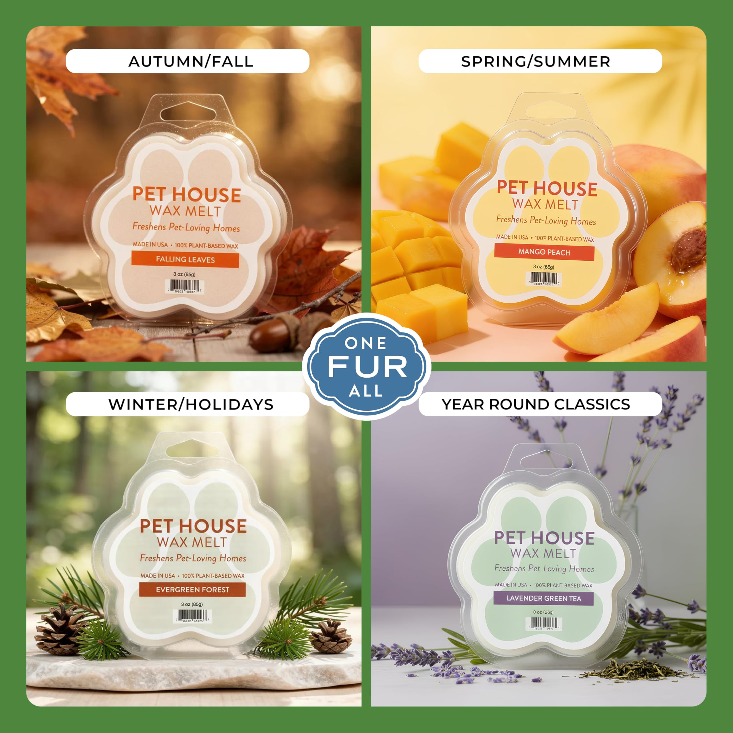 One Fur All Pet House Wax Melts plant-based wax highlighting clean ingredients.