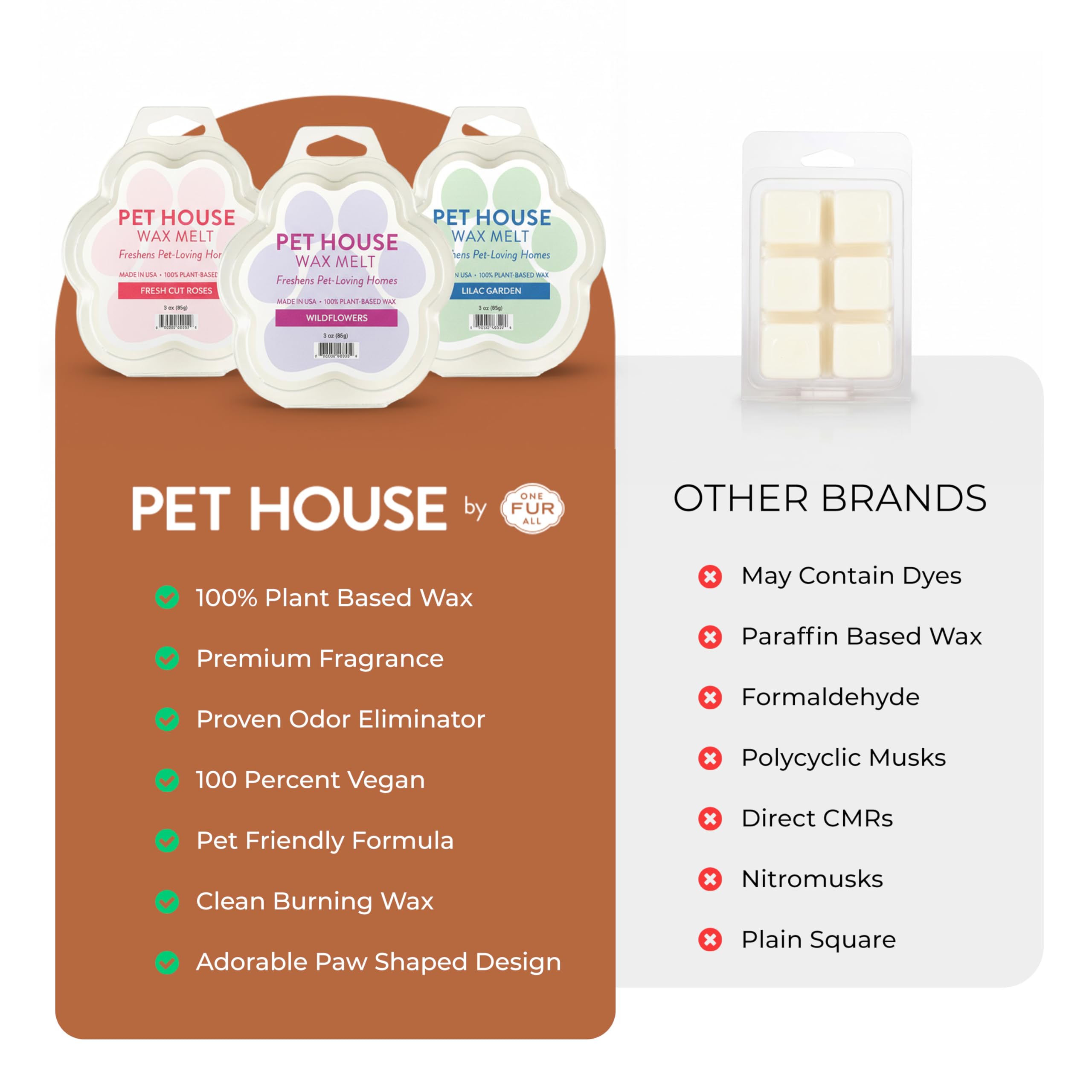 One Fur All plant-based wax melt near a warmer with a clean scent