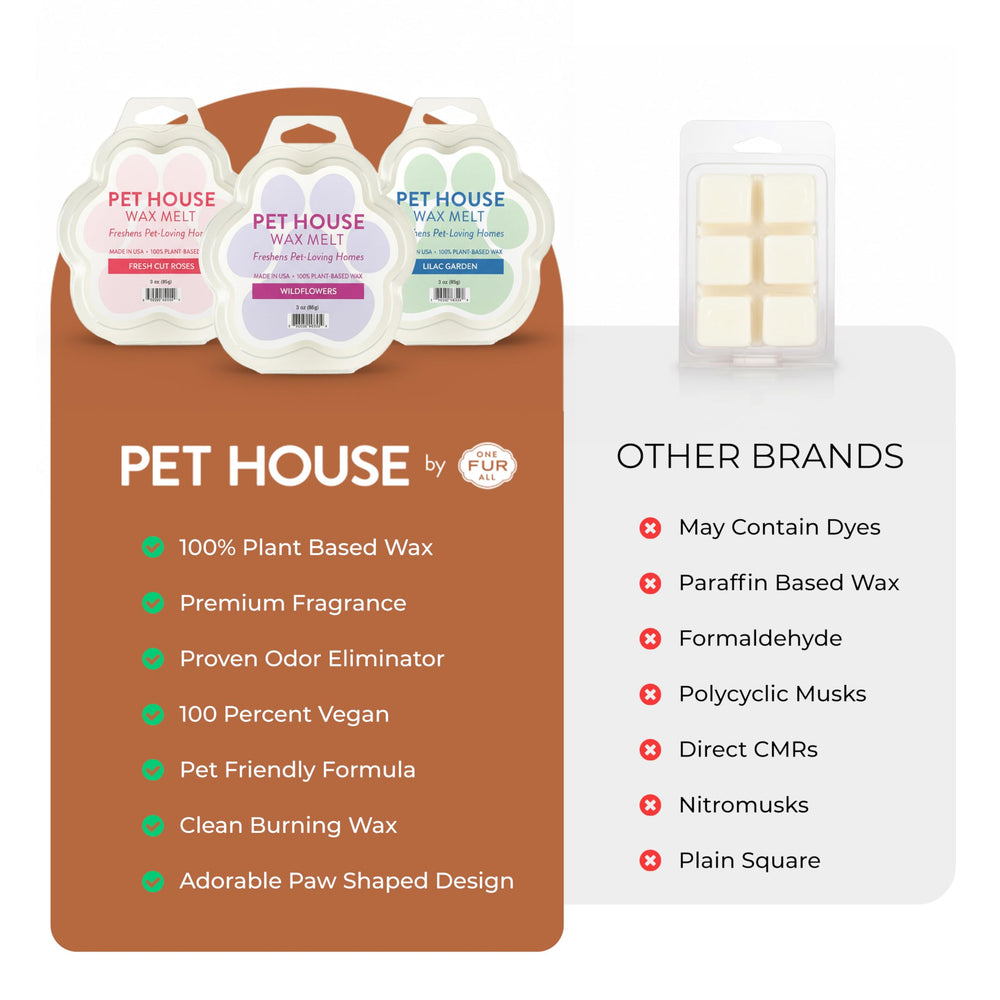 One Fur All plant-based wax melt near a warmer with a clean scent
