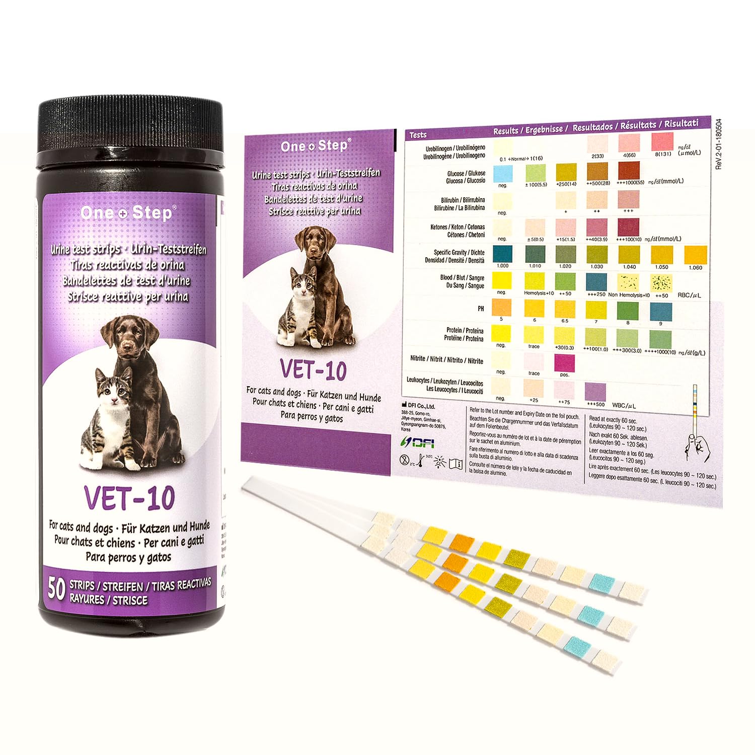 One Step pet urine strips packaging shows 50 tests for quick screening.