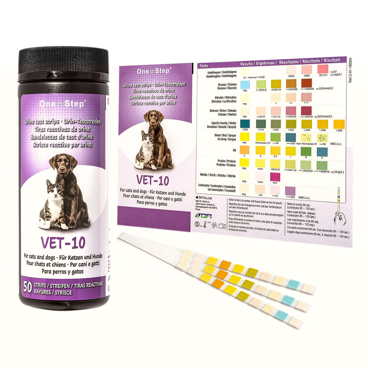 One Step pet urine strips packaging shows 50 tests for quick screening.