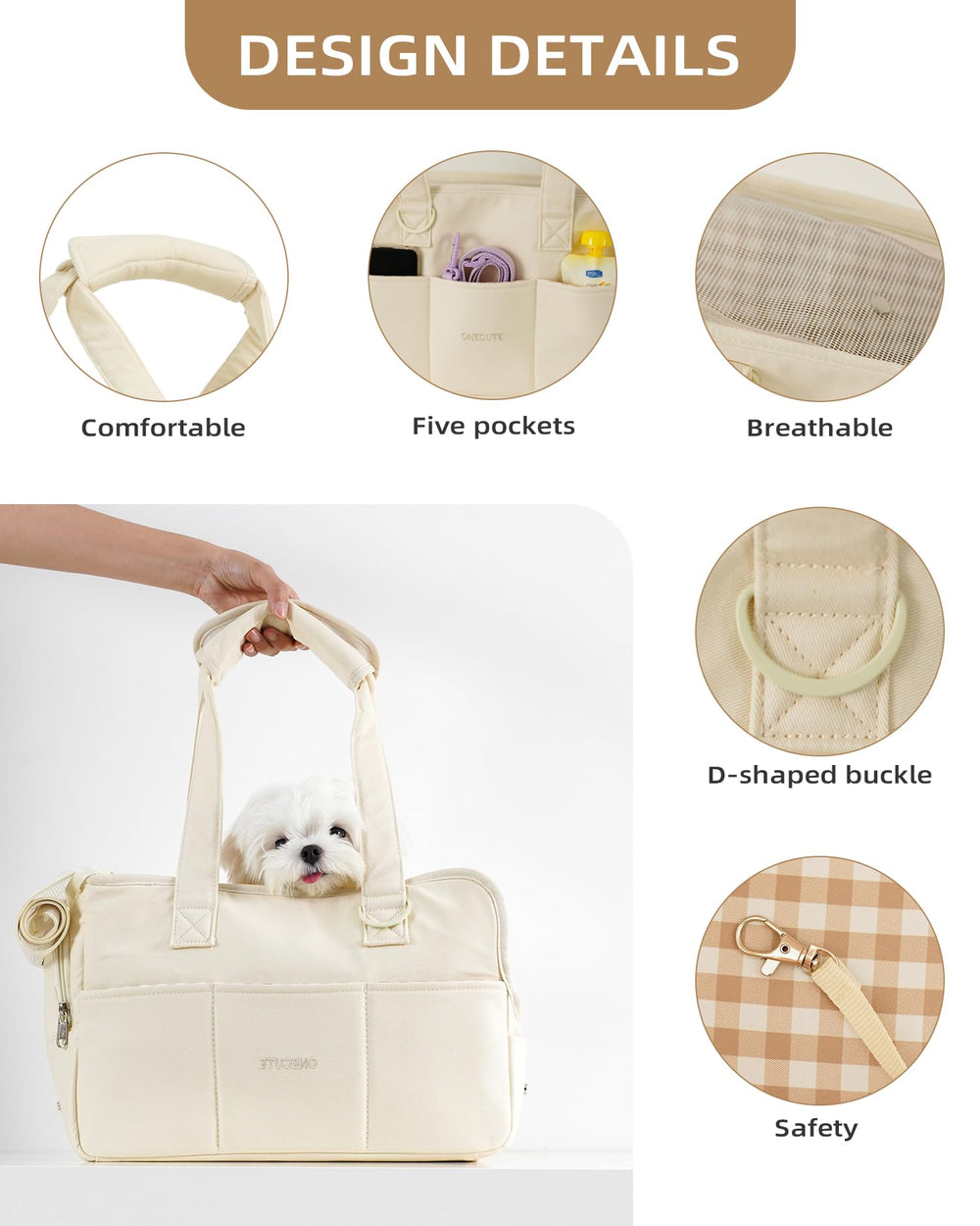 ONECUTE carrier interior with safety rope secures your pet during travel.