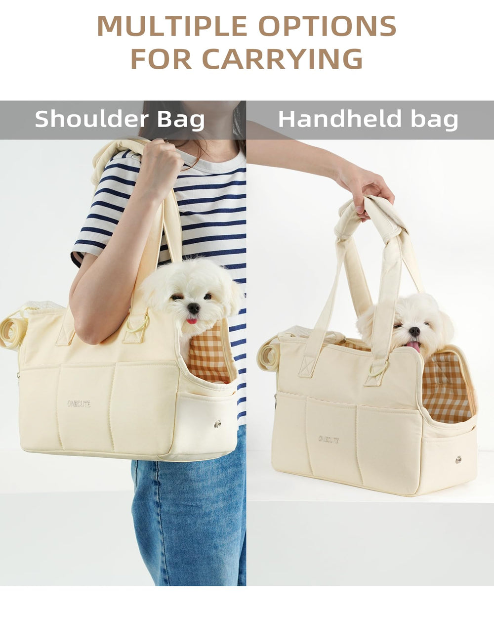 ONECUTE beige carrier in use, cozy travel for pets.