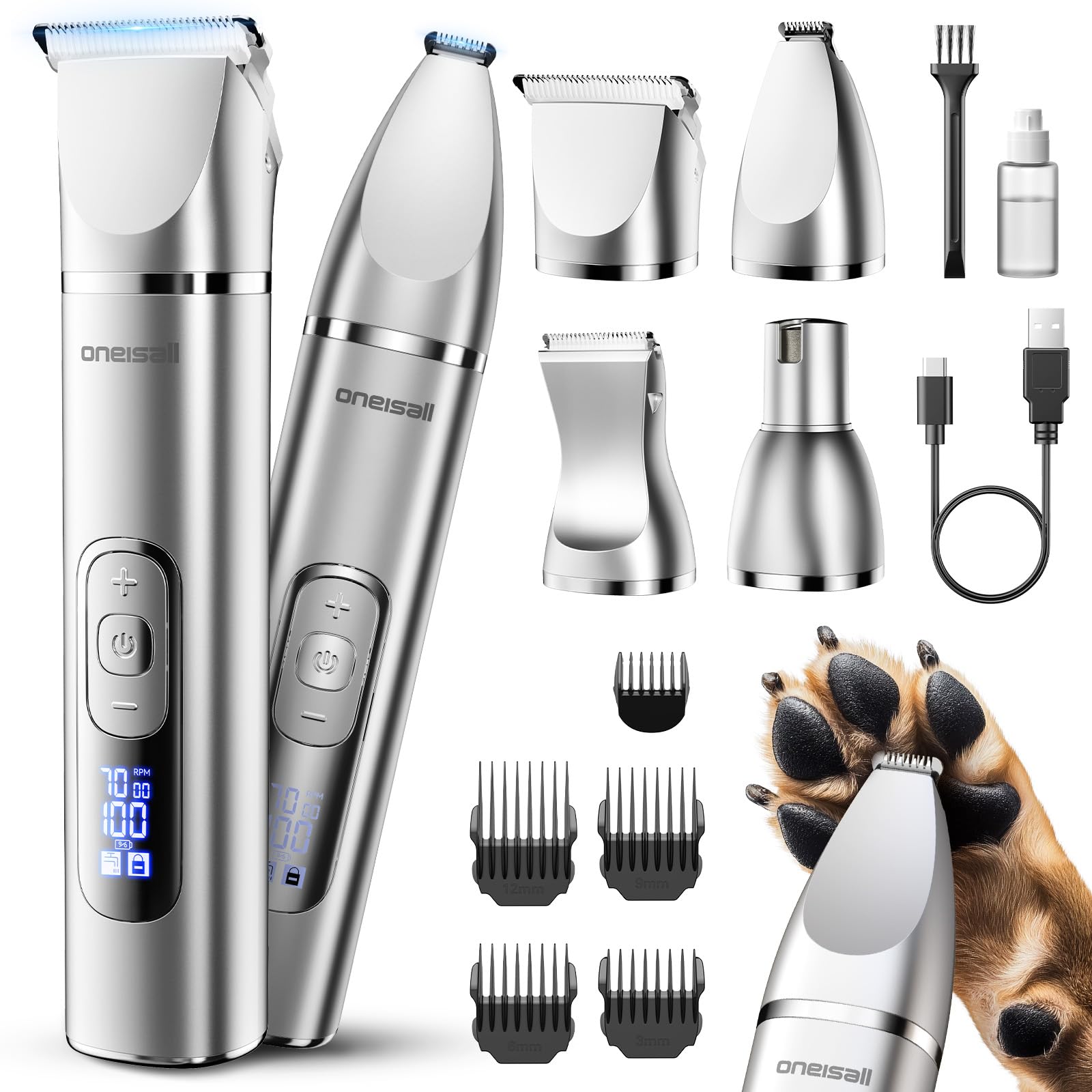 Oneisall 4-in-1 dog grooming kit with LCD display for battery and session planning.