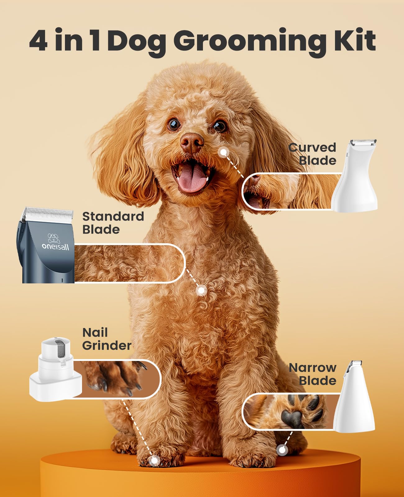 Oneisall 4-in-1 dog clippers attachments close-up highlighting diverse trimming options.