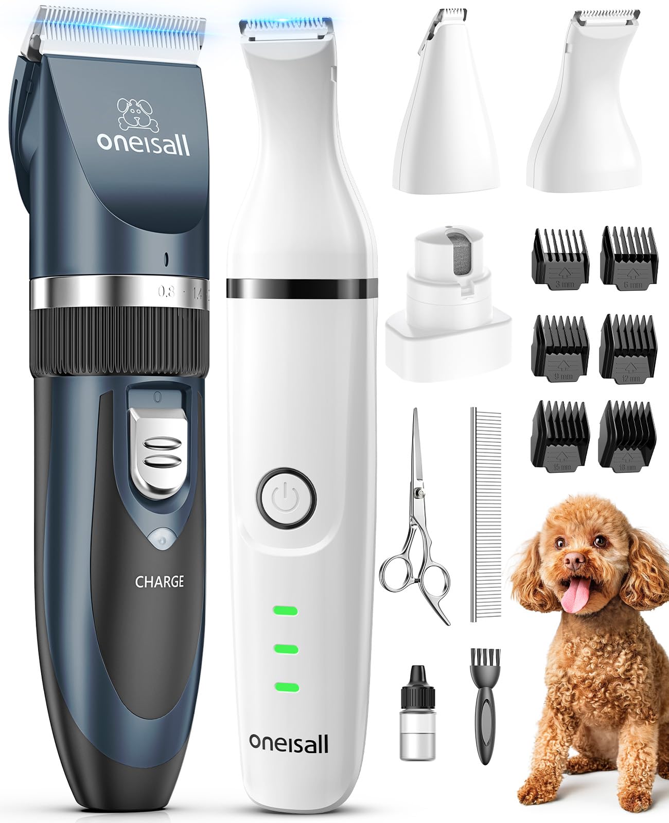 Oneisall 4-in-1 dog clippers side view showing versatile grooming heads for home use.