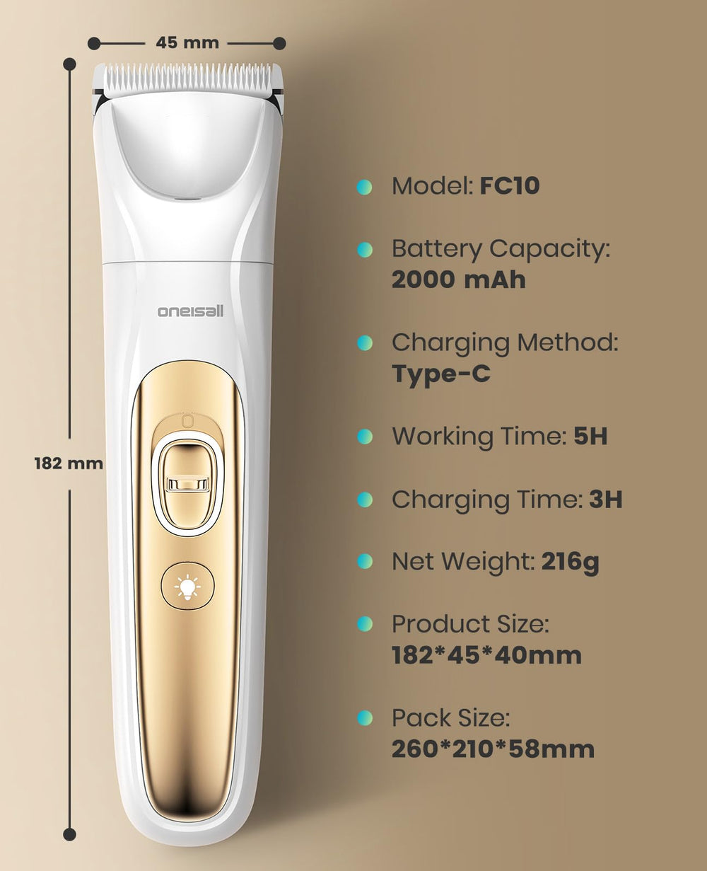 Oneisall 8-guide combs and curved blade for versatile grooming.
