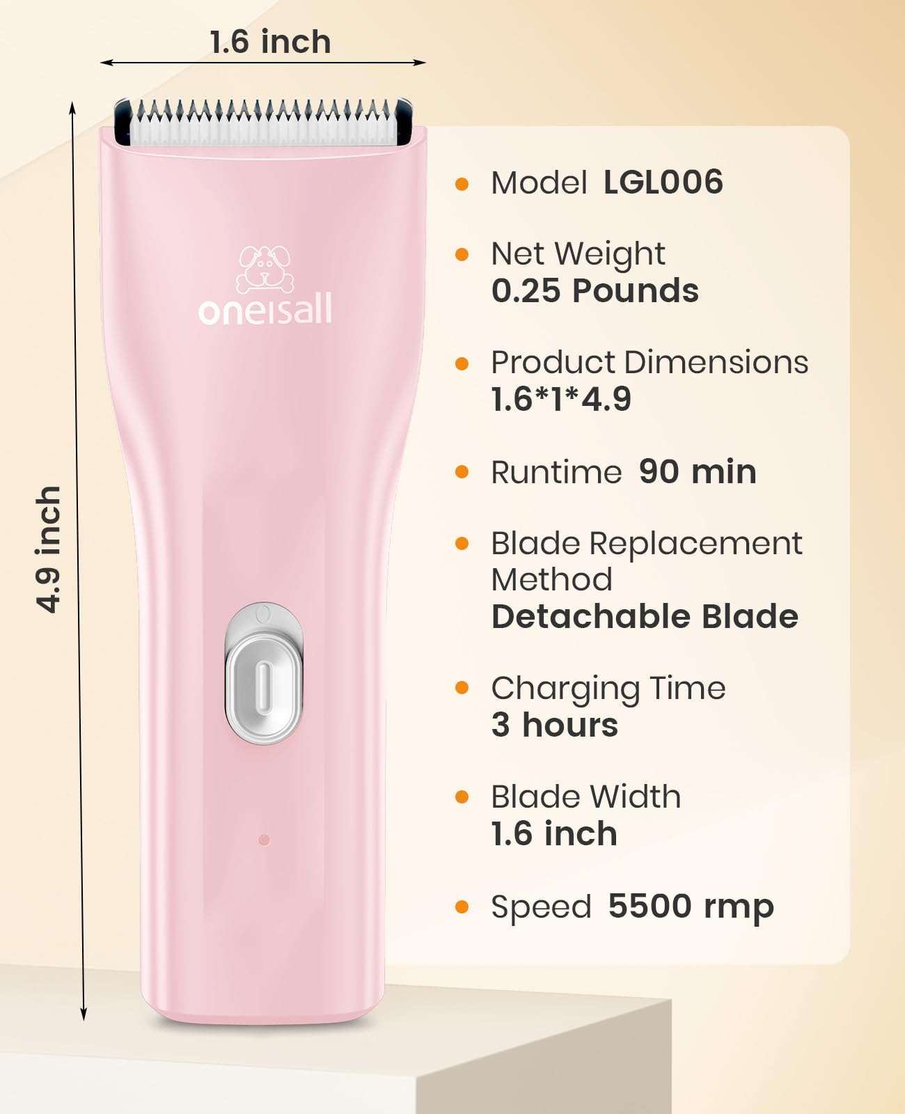 Oneisall USB-rechargeable battery for up to 90 minutes of cordless grooming.