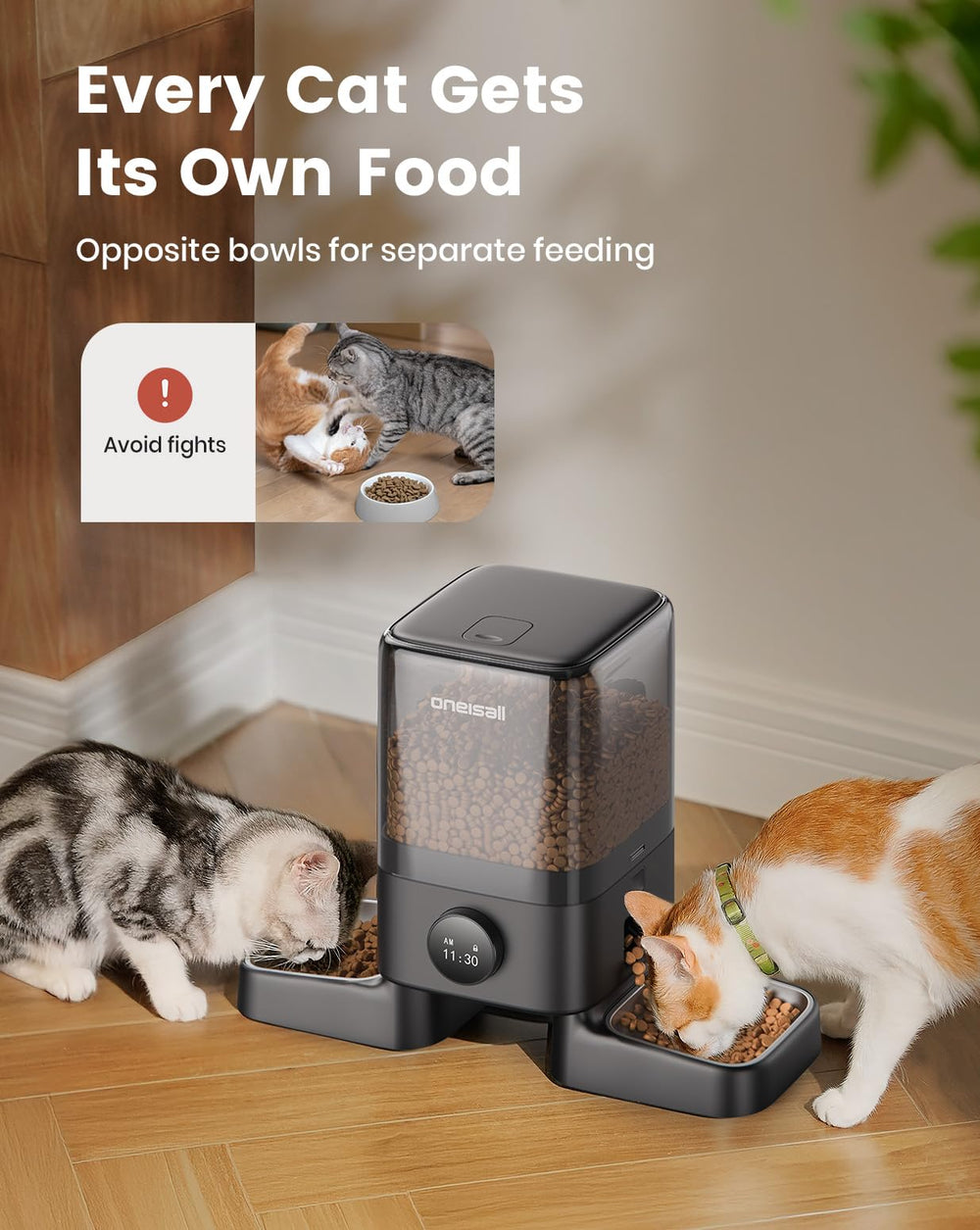 Oneisall feeder dispensing meals on schedule for two cats