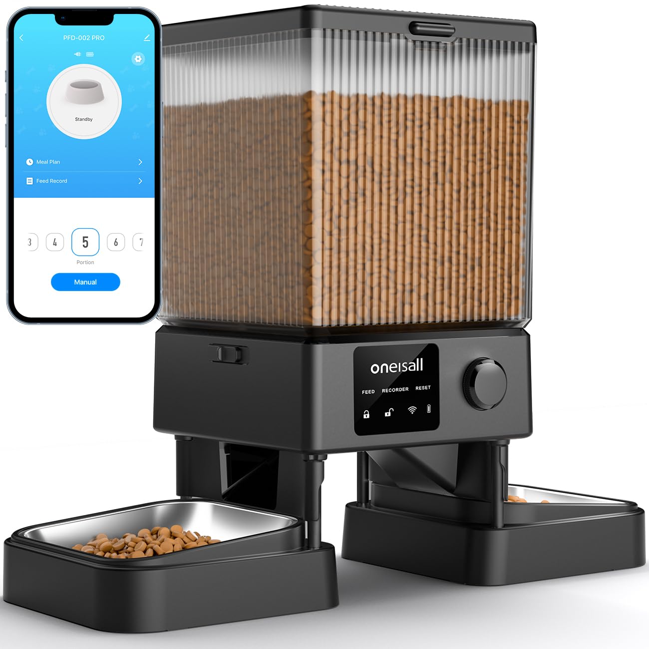 oneisall automatic cat feeder front view showing hopper and dispenser