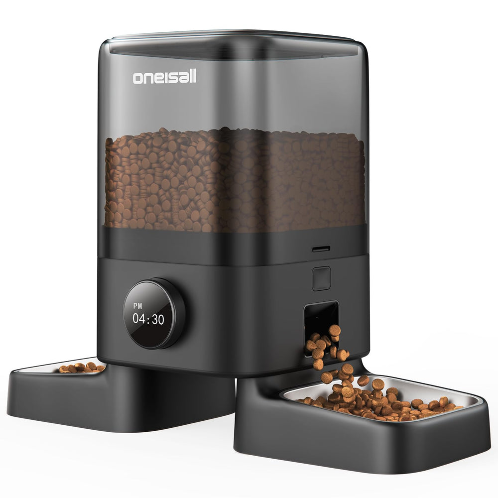 Oneisall automatic cat feeder front view with dual bowls for calm mealtimes