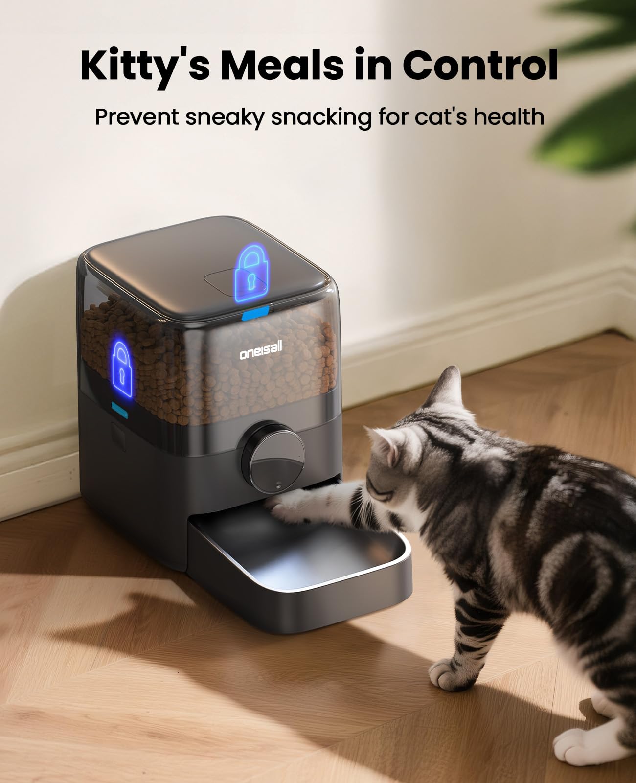 Oneisall black automatic feeder shown from front for clear product view.