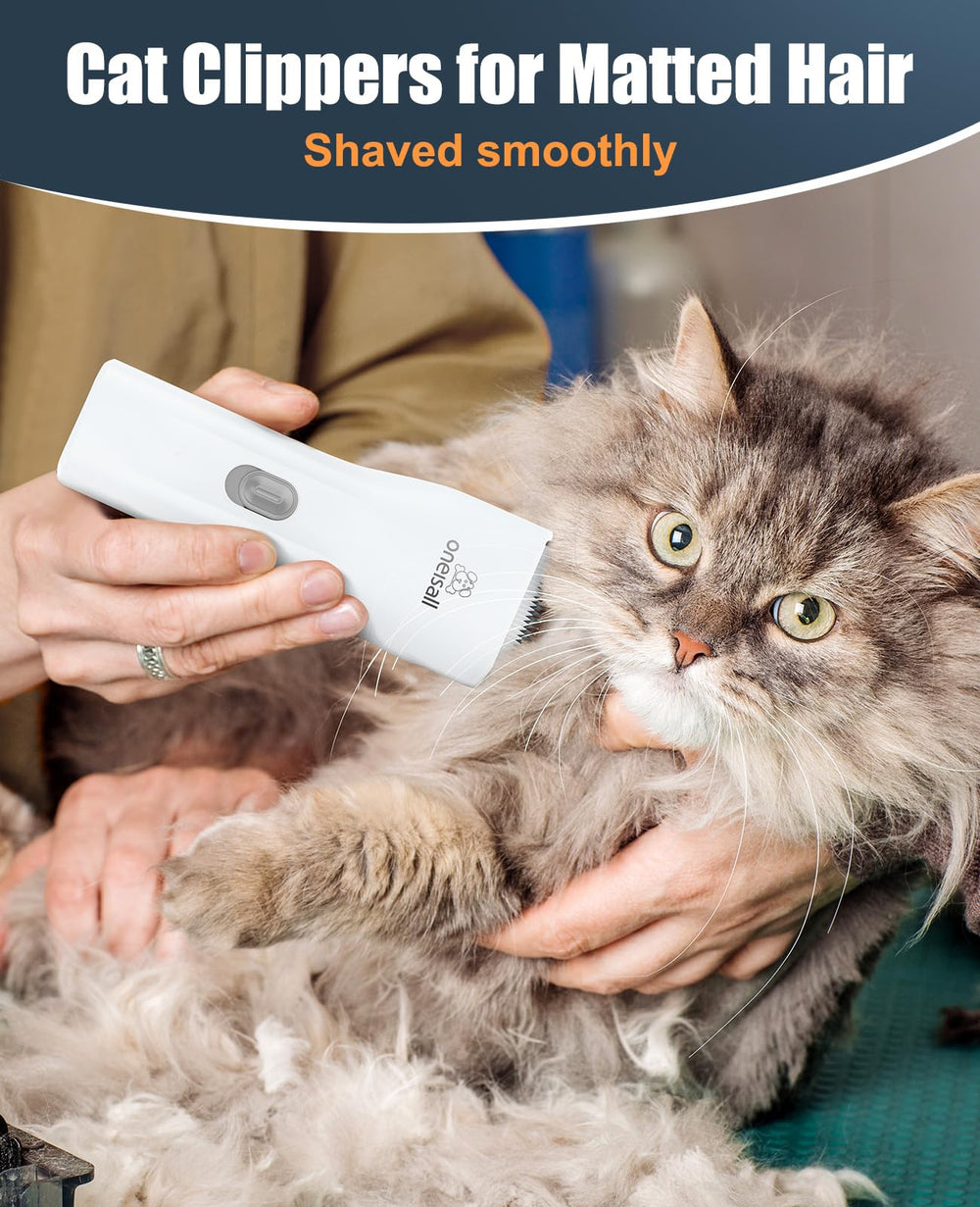 Oneisall cat clippers quiet operation helps ease nervous pets during grooming.