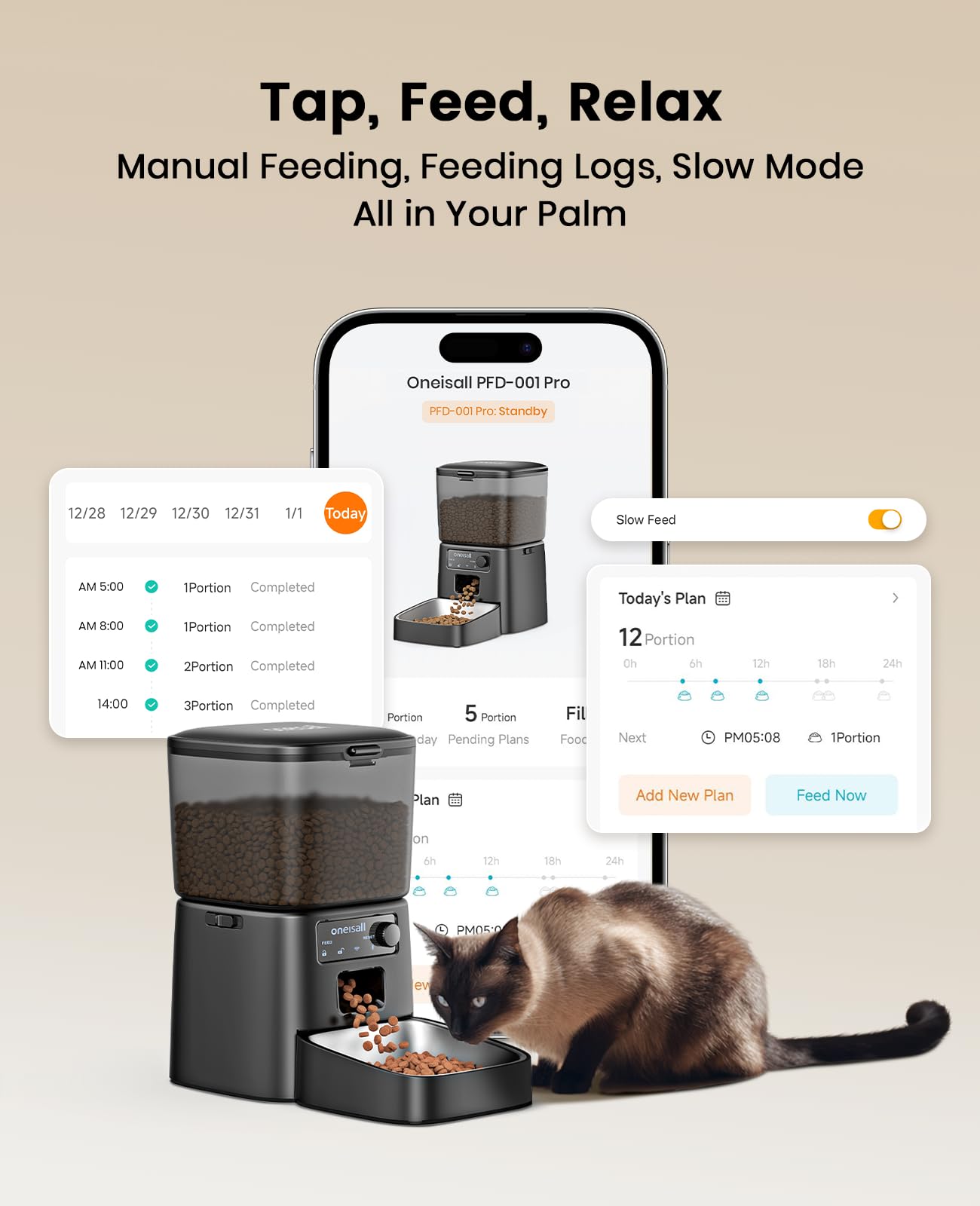 oneisall cat feeder dry food tank emphasizes large capacity for busy weeks